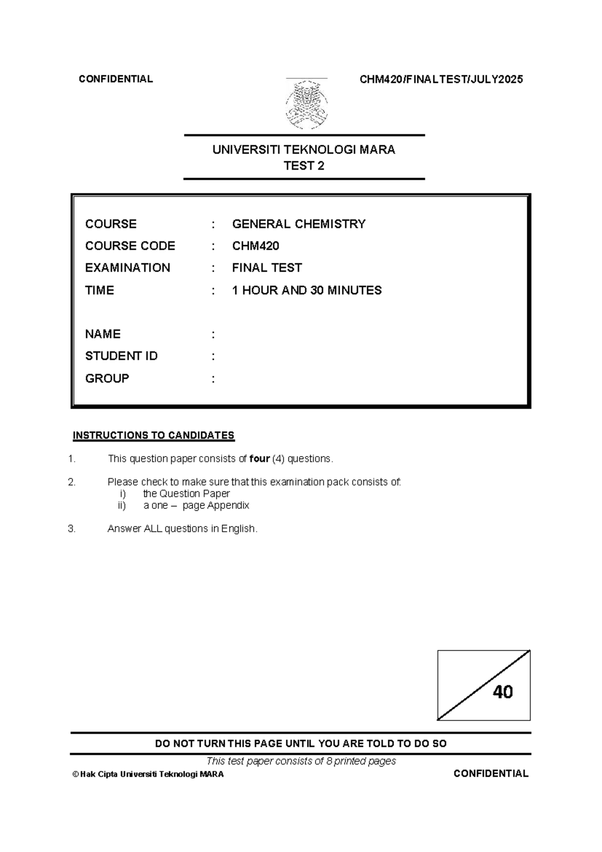 Final Exam CHM420: General Chemistry Test 2 Questions - Studocu