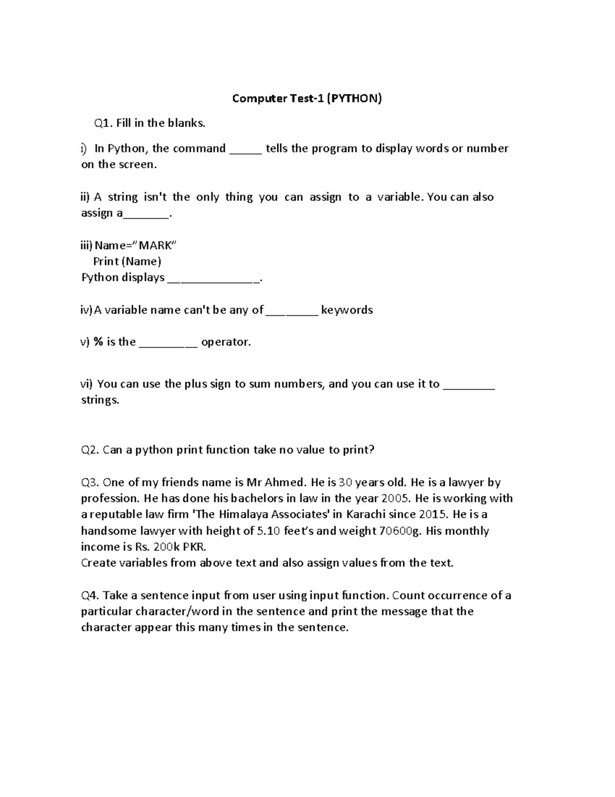 Computer Test-1 python - Computer Test-1 (PYTHON) Q1. Fill in the ...