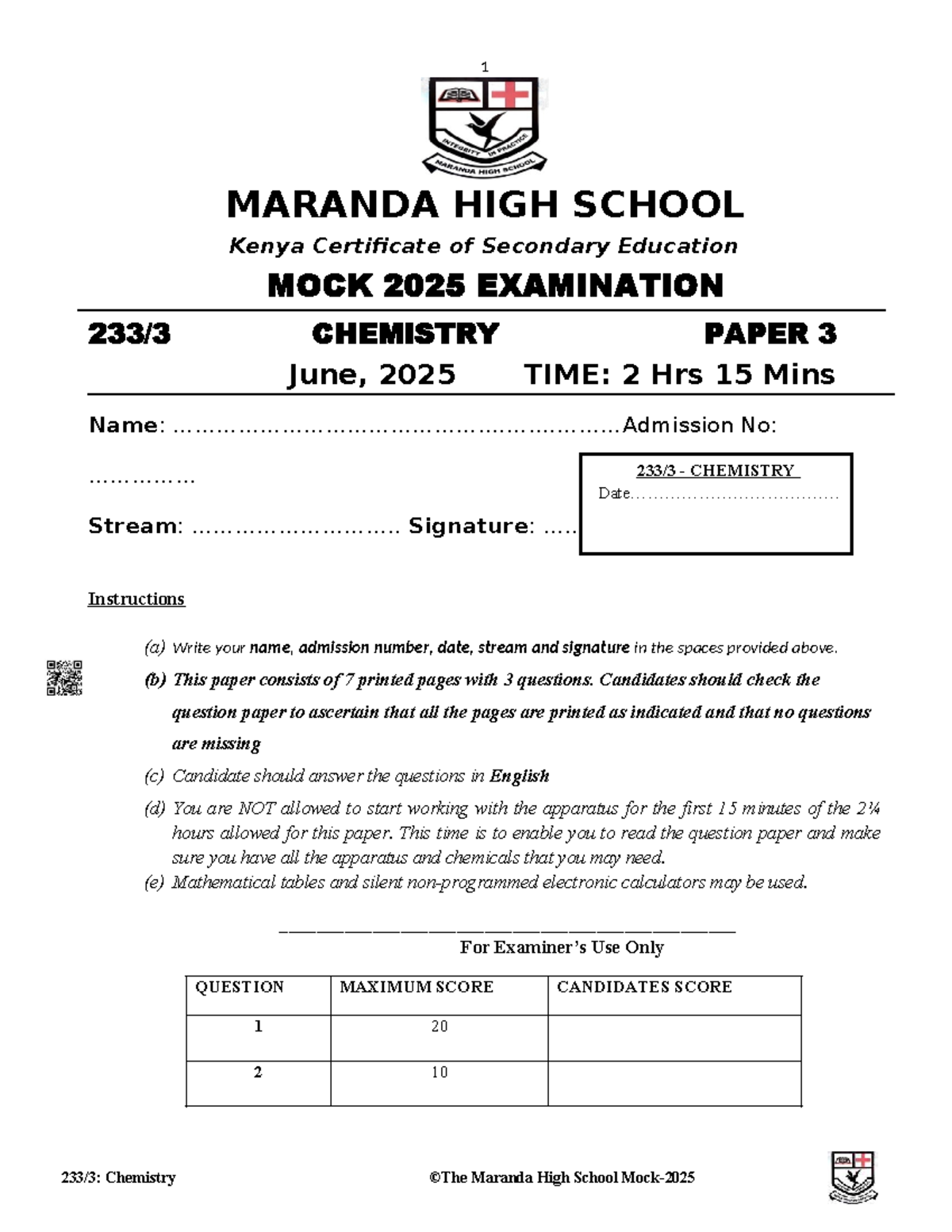 CHEM 2025 Mock Exam Paper 3 - Maranda High School - Studocu