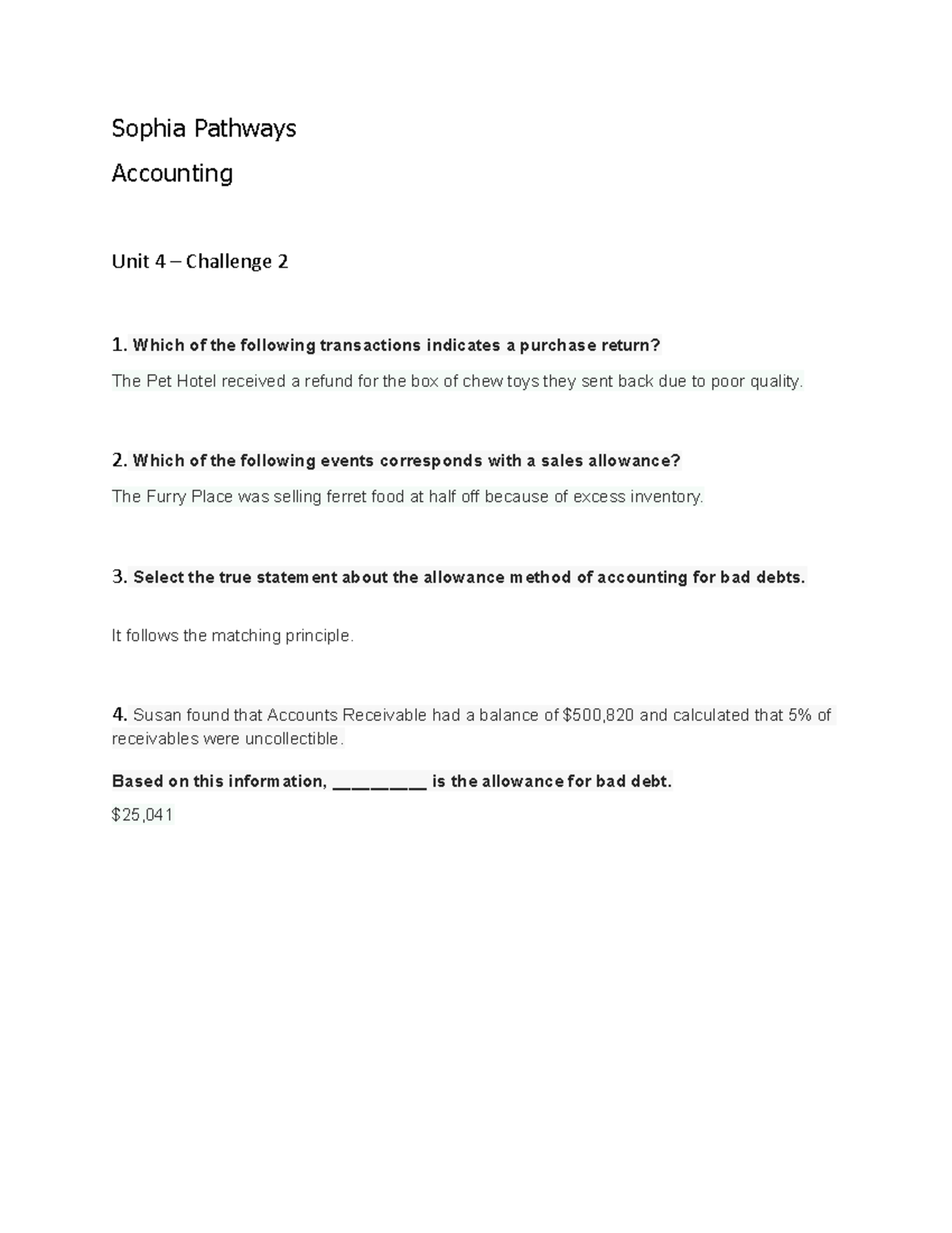 ACC 100 Unit 4 Challenge 2 - Sophia Pathways Accounting Unit 4 ...