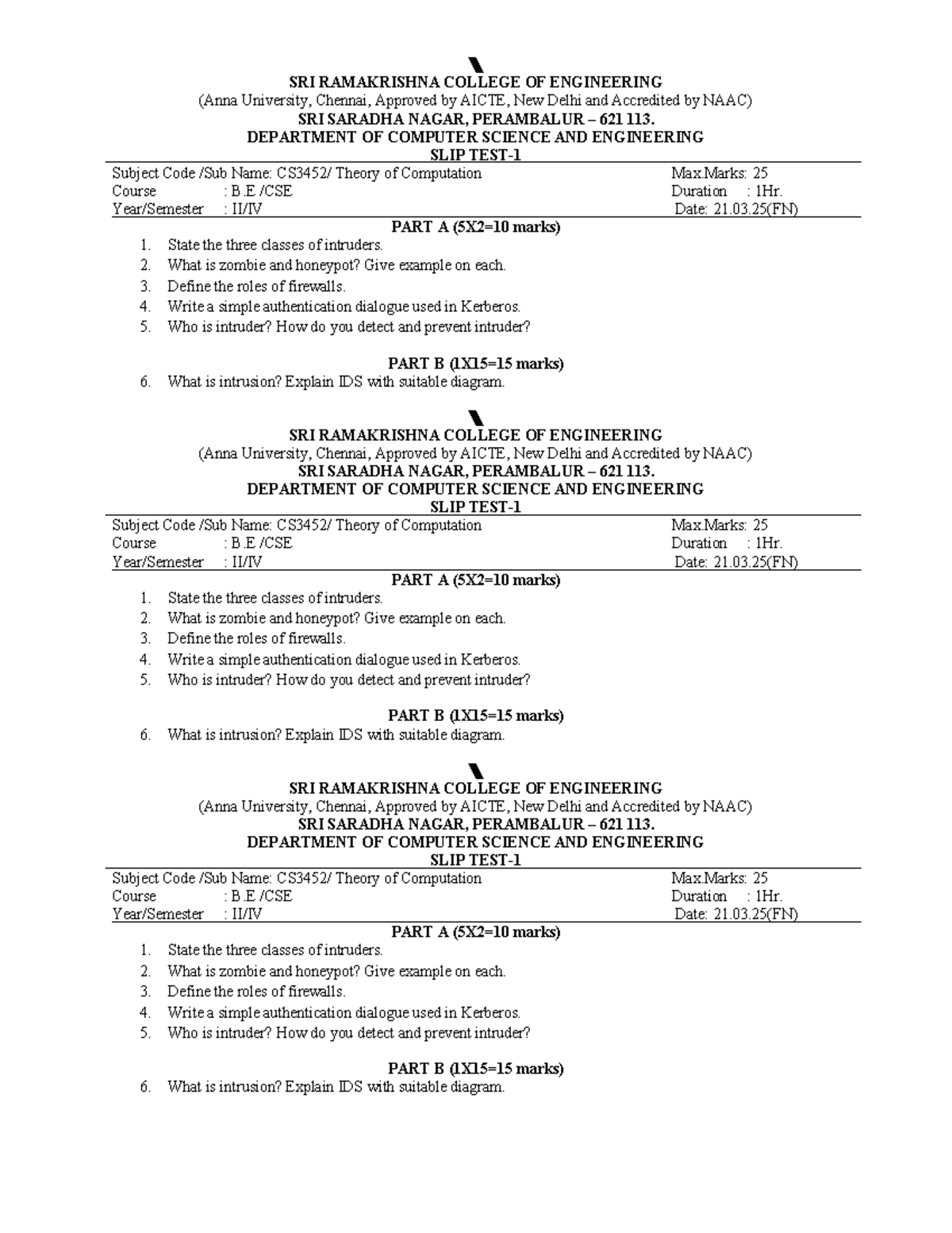 SLIP TEST Format - AIDS - SRI RAMAKRISHNA COLLEGE OF ENGINEERING (Anna ...