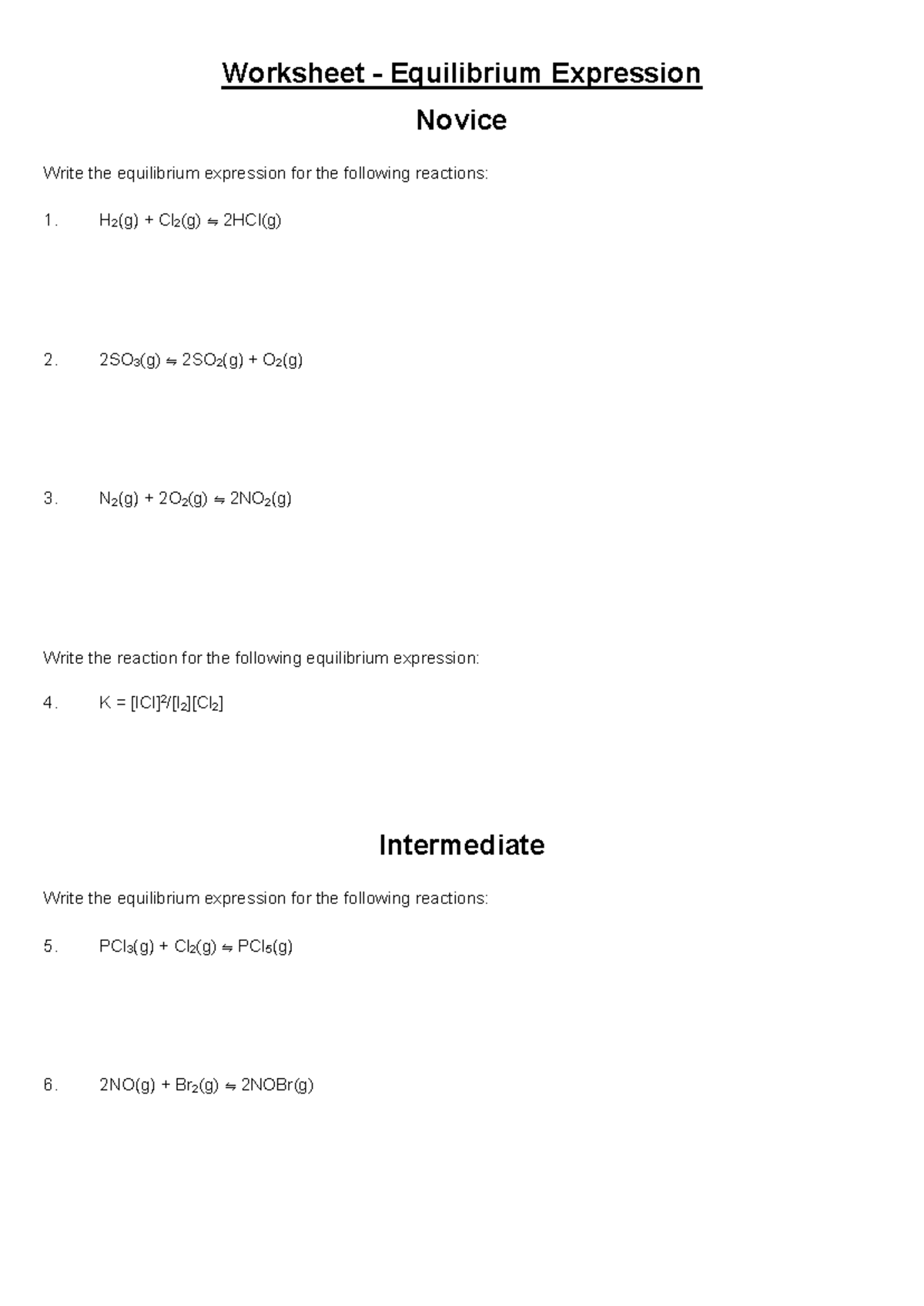 Module 5 Worksheet Equilibrium Expression 2021 - Worksheet ...