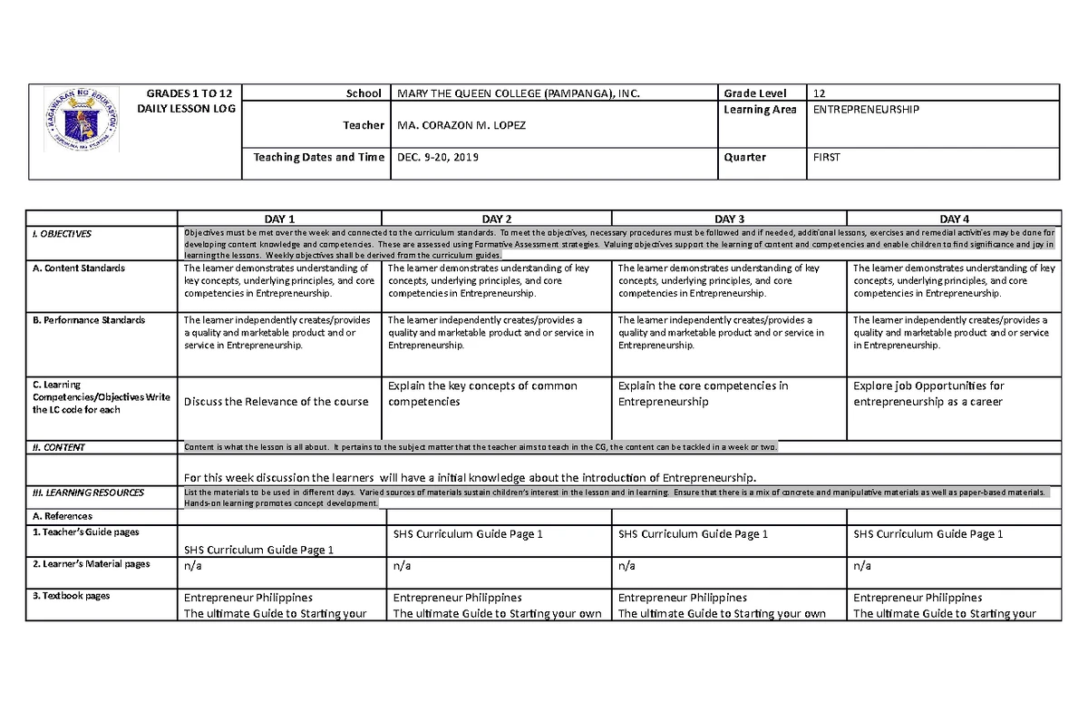 Week 11-12 Applied Entrep - GRADES 1 TO 12 DAILY LESSON LOG School MARY ...