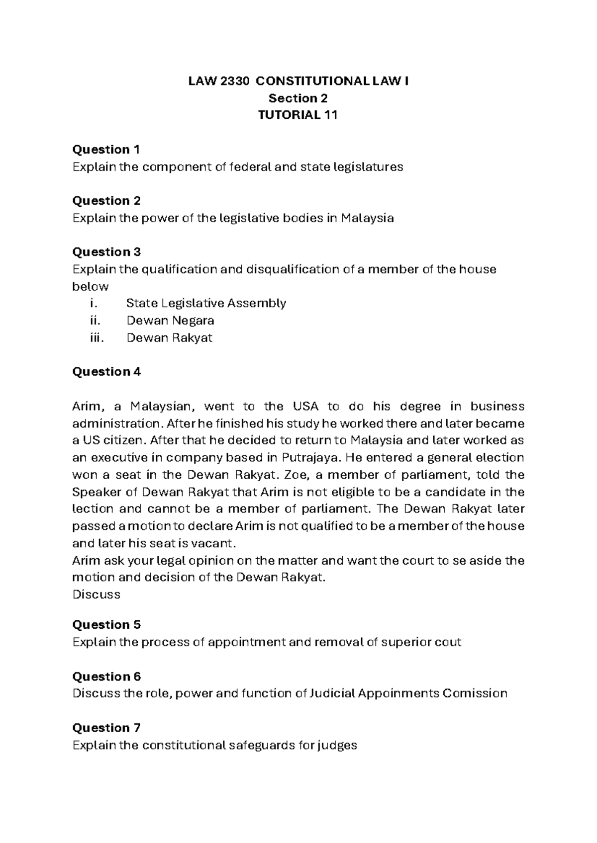 Tutorial 11 - LAW 2330 CONSTITUTIONAL LAW I Section 2 TUTORIAL 11 ...