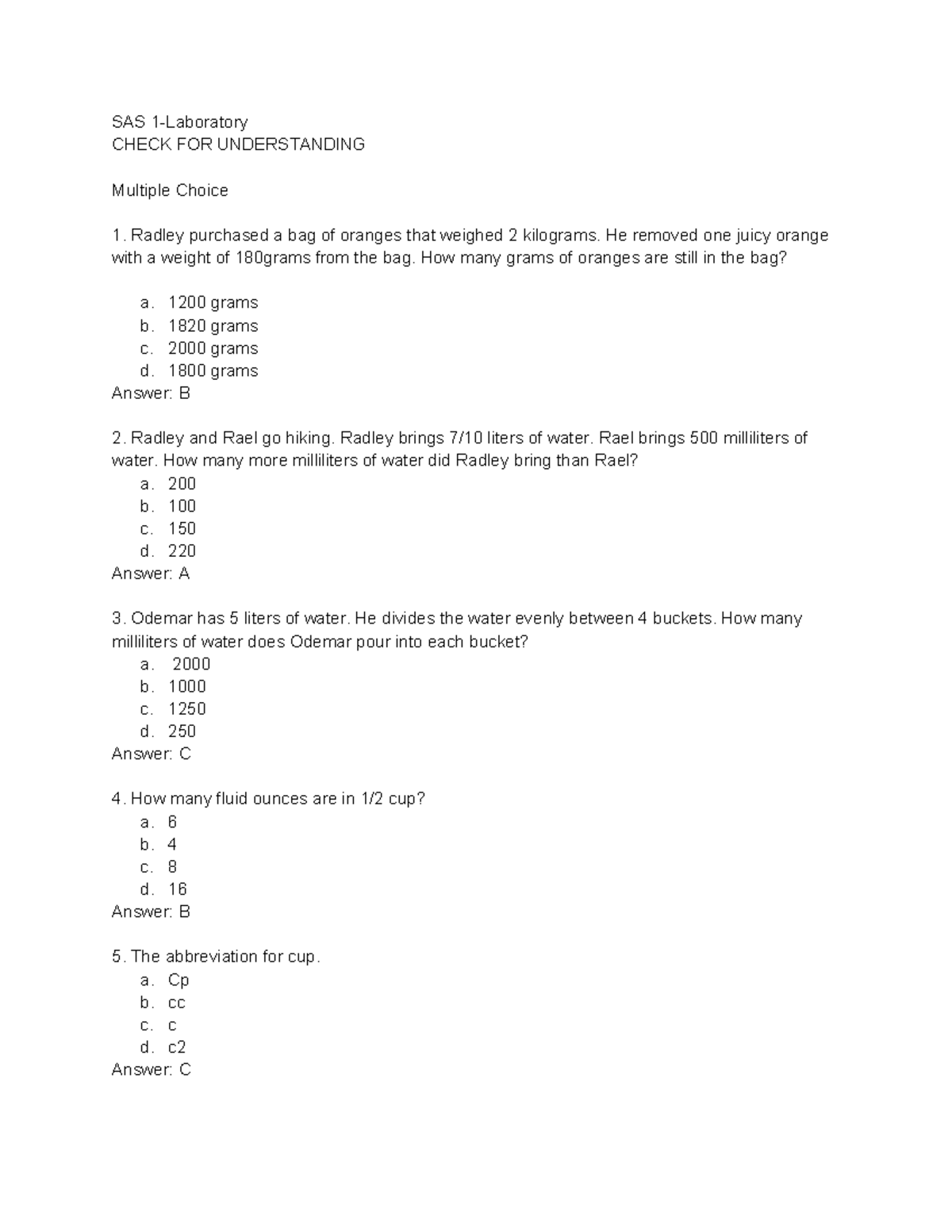 SAS 1-Lab: Multiple Choice Check for Understanding Answer Key - Studocu