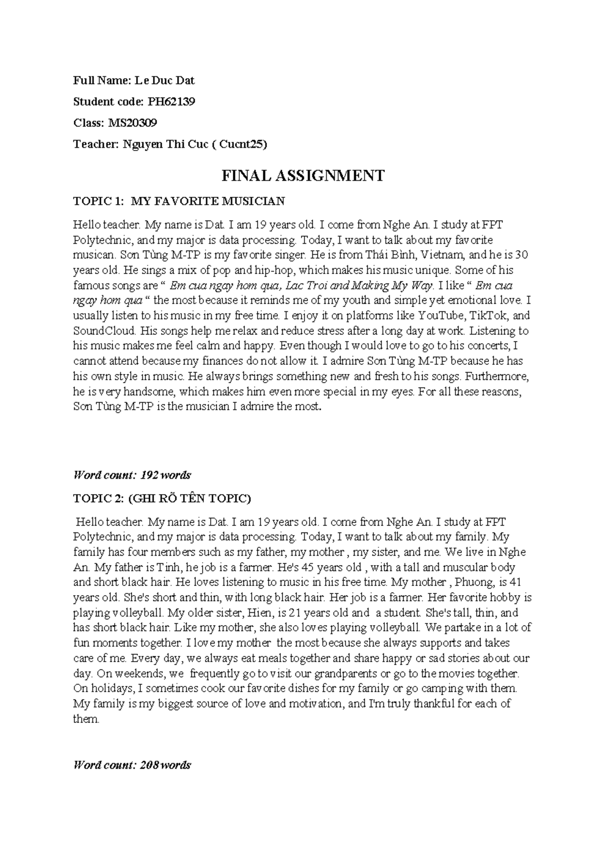 Final assignment - .gftgdfg - Full Name: Le Duc Dat Student code: PH ...