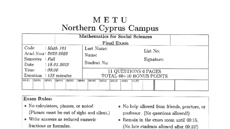 MAT101 Mathematics for Social Sciences Final Exam - Fall 2022 - Studocu