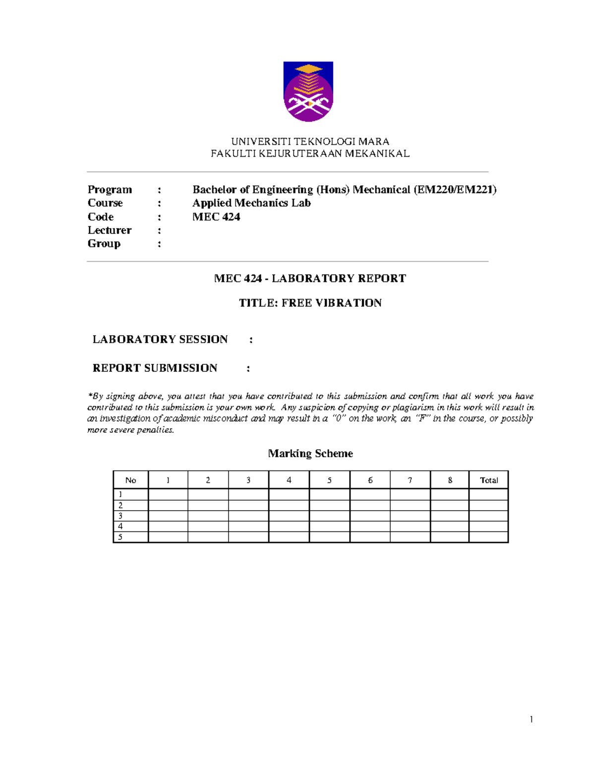 Final Lab Report on Free Vibration - MEC 424 Experiment 1 Dynamics ...