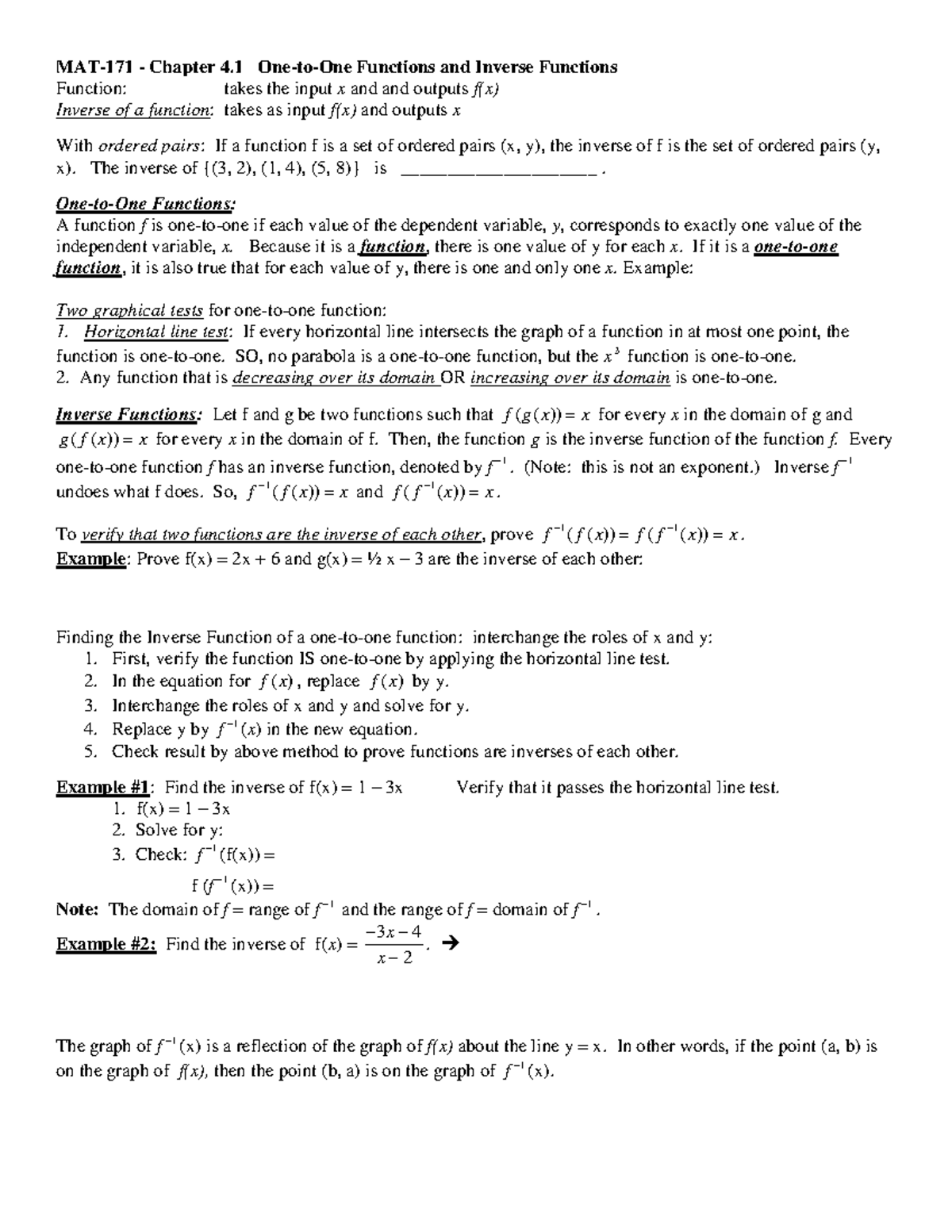 MAT-171 Chapter 4.1 Outline: One-to-One and Inverse Functions - Studocu