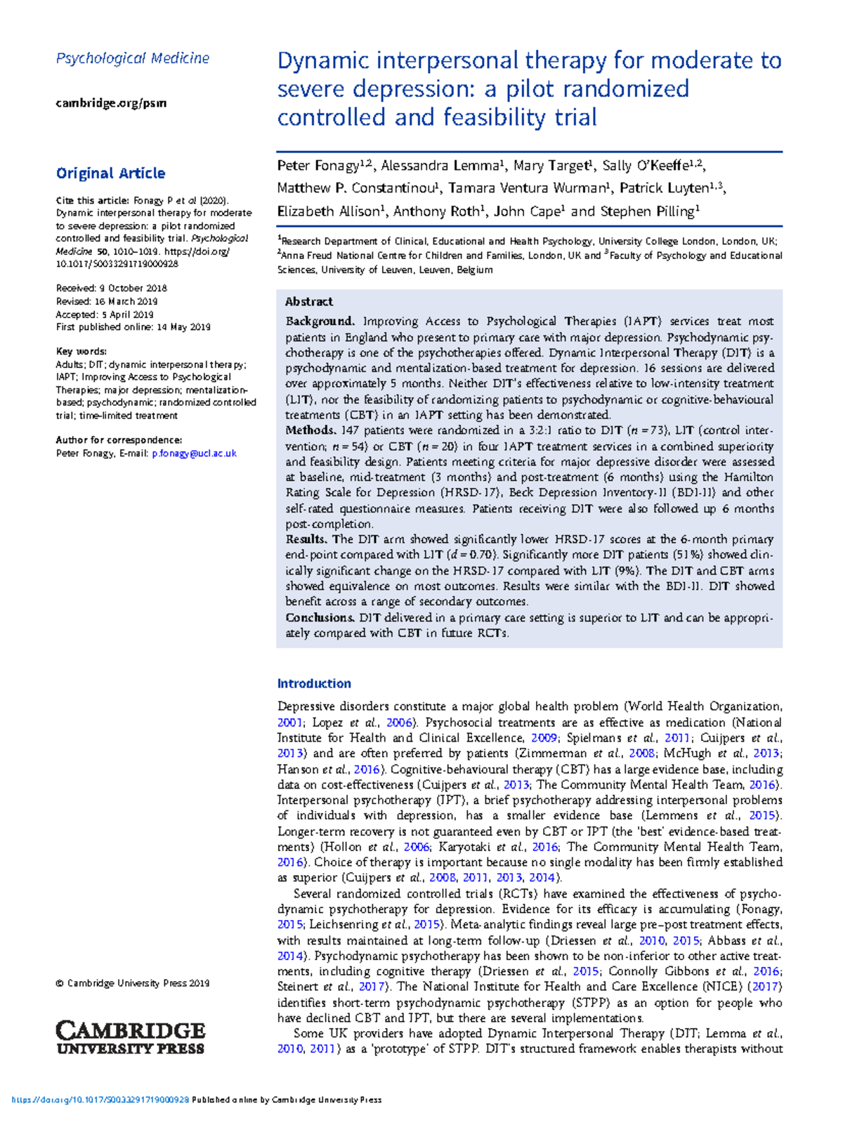 Dynamic Interpersonal Therapy for Moderate to Severe Depression: A ...