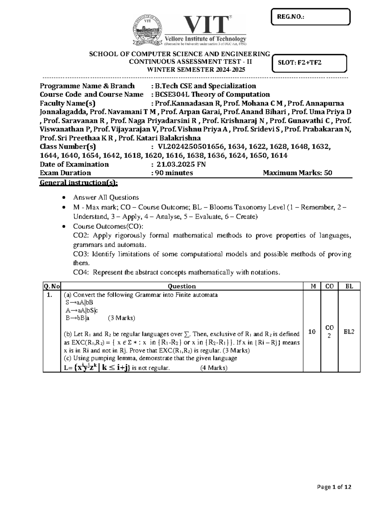 BCSE304L Continuous Assessment Test II - Theory of Computation - Studocu