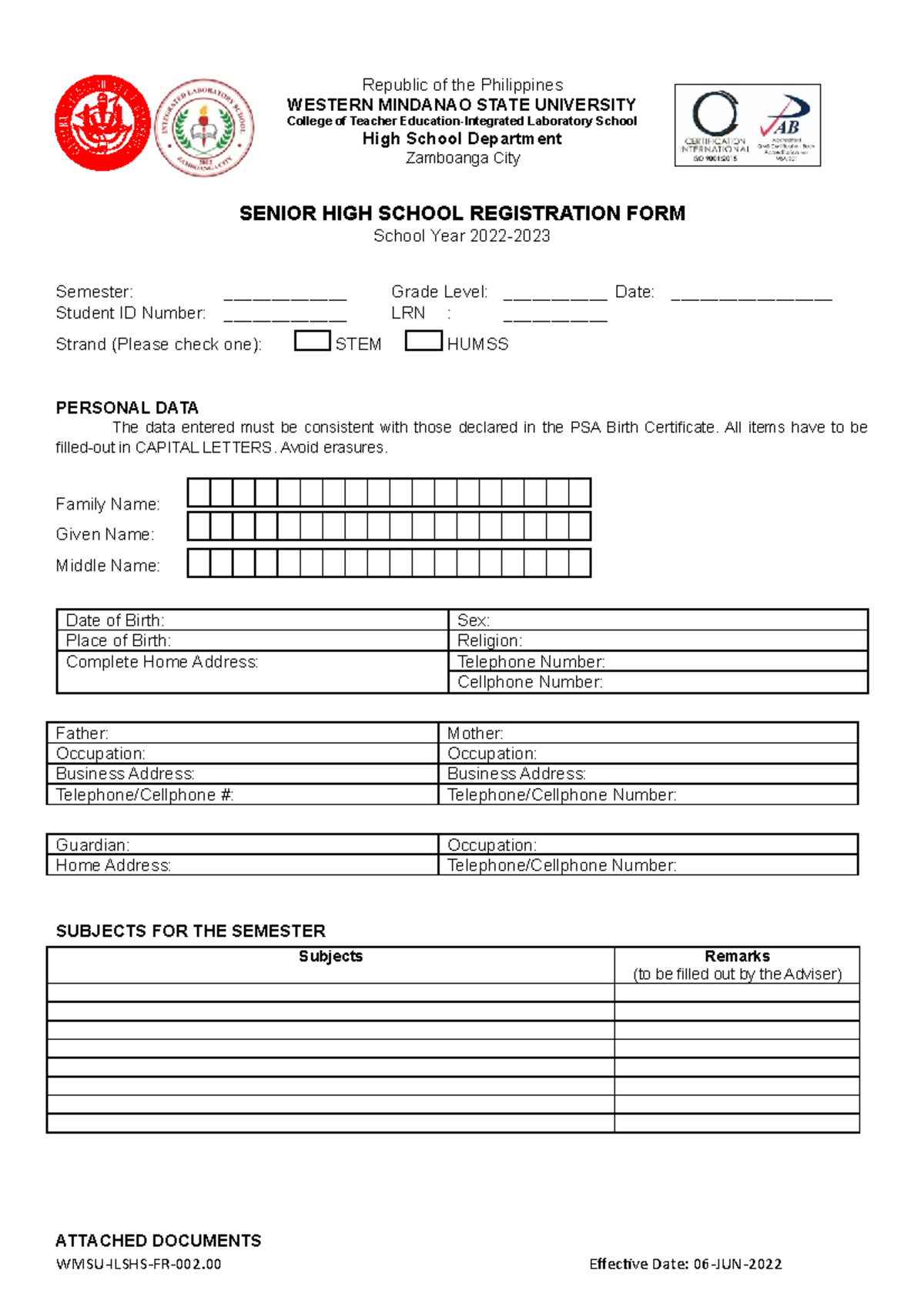 Senior High School Registration Form SY 2022 - WMSU - Studocu