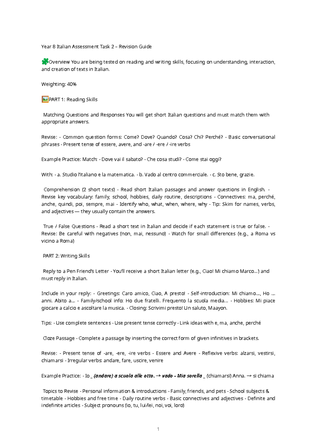 Year 8 Italian Assessment Task 2 Revision Guide - Studocu