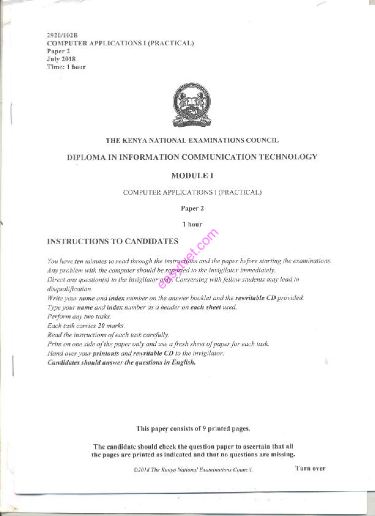 KNEC ICT Diploma: Computer Applications I (Practical) Paper 2 July 2019 ...