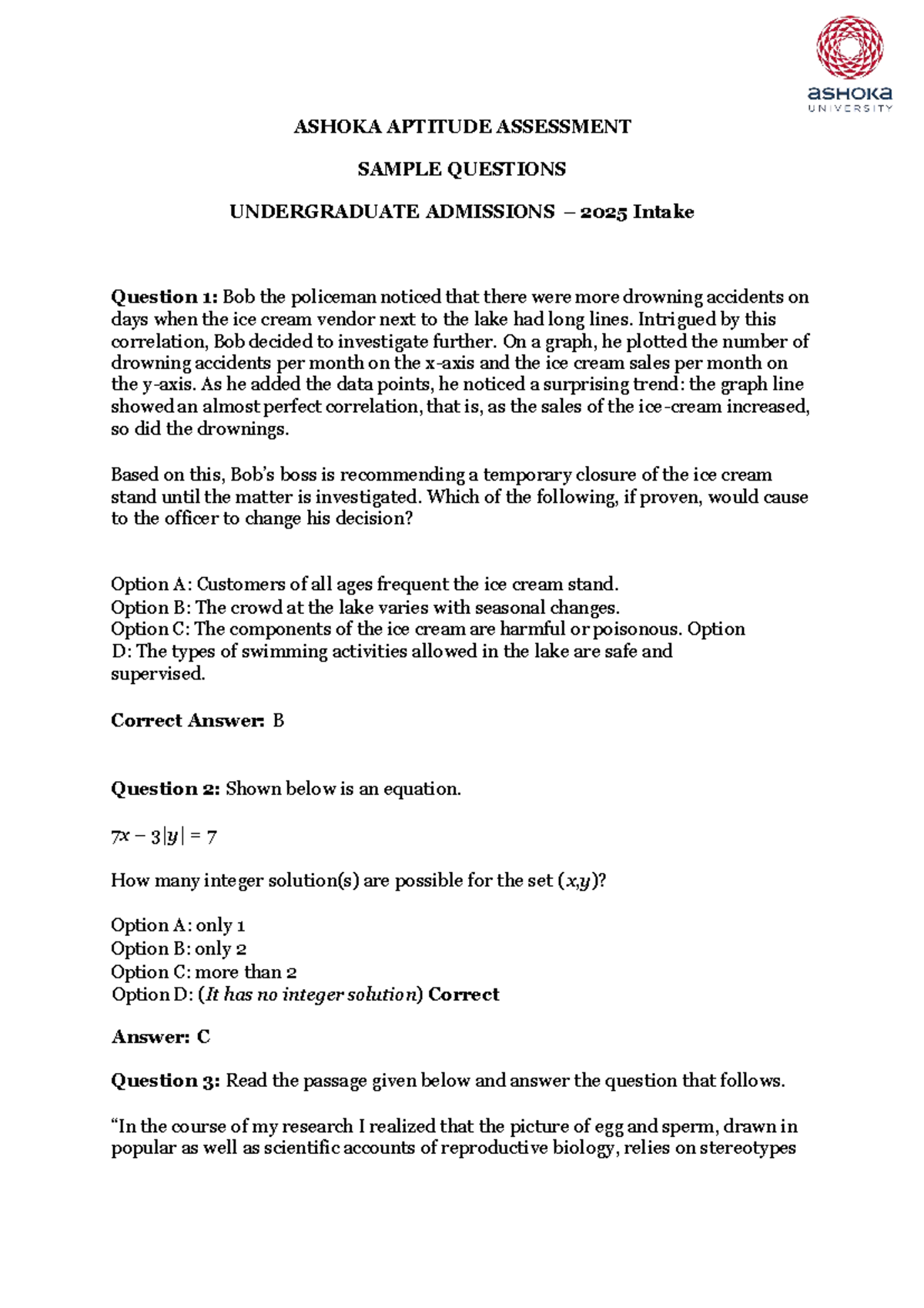 Ashoka Aptitude Assessment Sample Questions UG 2025 Intake - Studocu