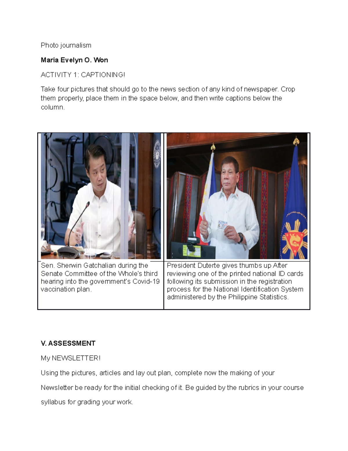 Photojournalism Insights by Maria E. Won - Activity 1 Captions - Studocu