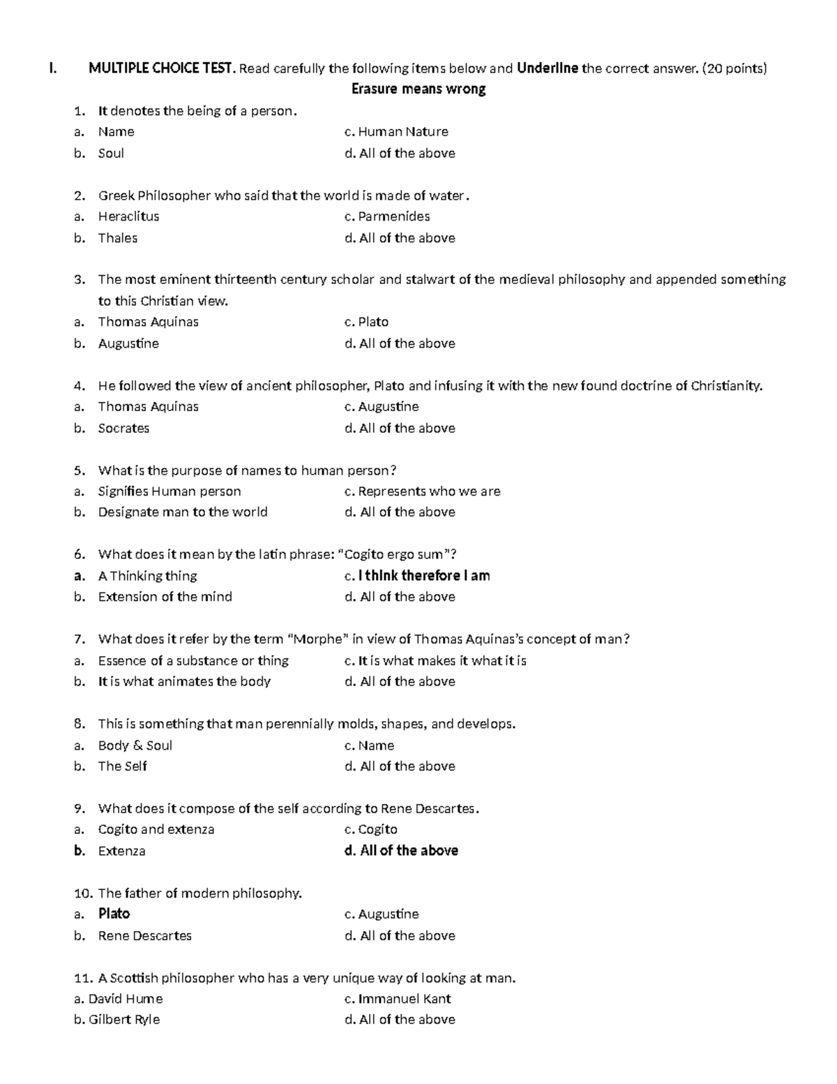 UTS Reviewer 24 - UTS - I. MULTIPLE CHOICE TEST. Read carefully the ...