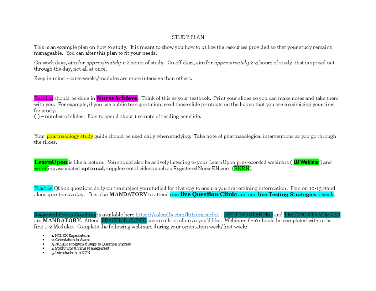 Nclex Program Study Guide final (KT) - STUDY PLAN This is an example ...