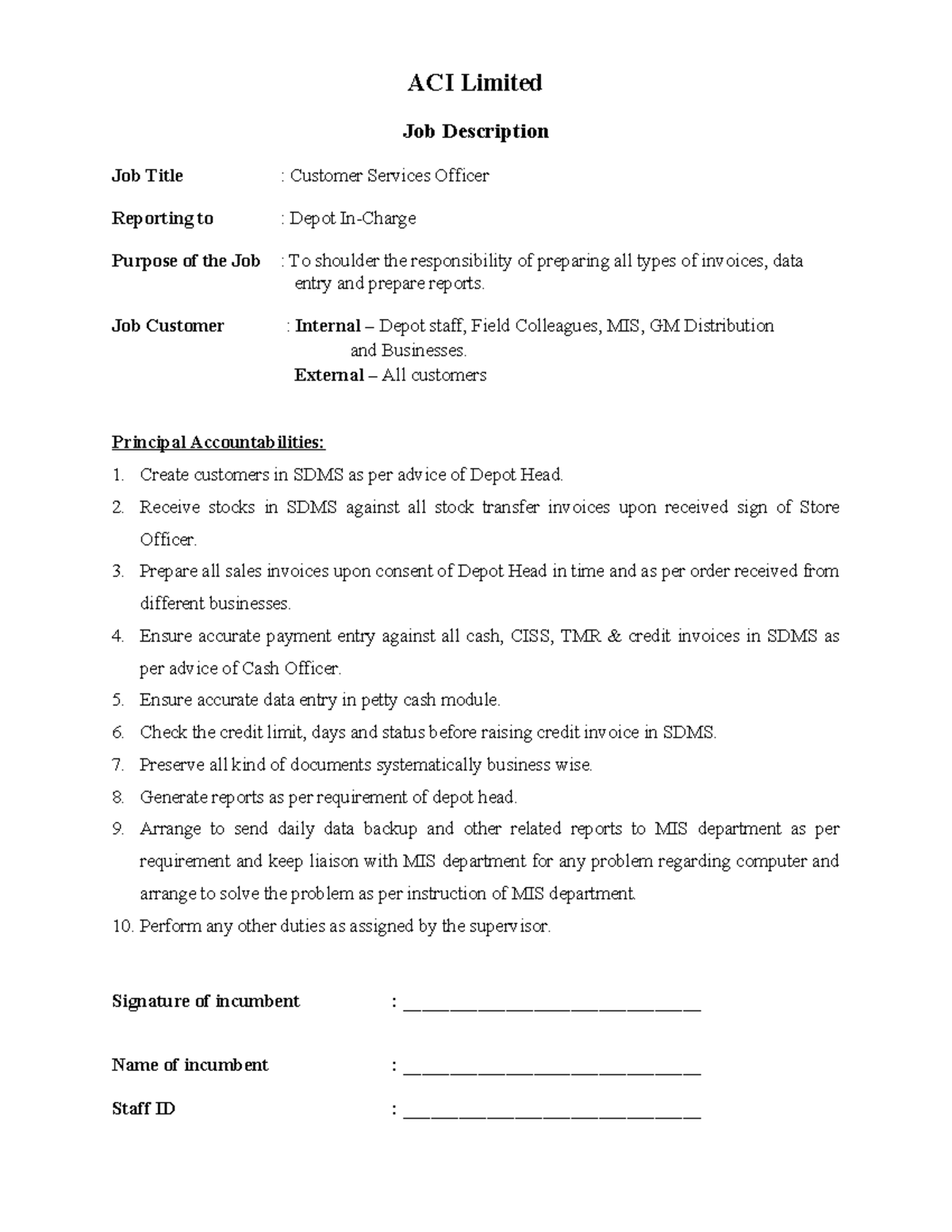 ACI Limited Customer Services Officer Job Description - Studocu
