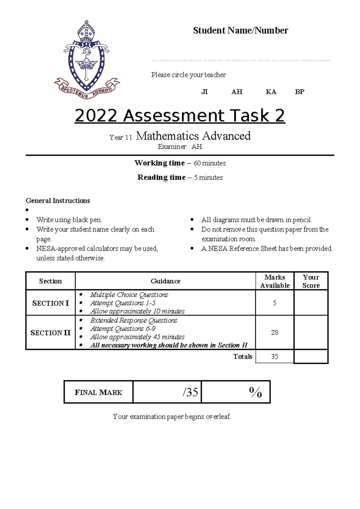 2022 Year 11 Mathematics Advanced Assessment Task 2 Exam Paper - Studocu