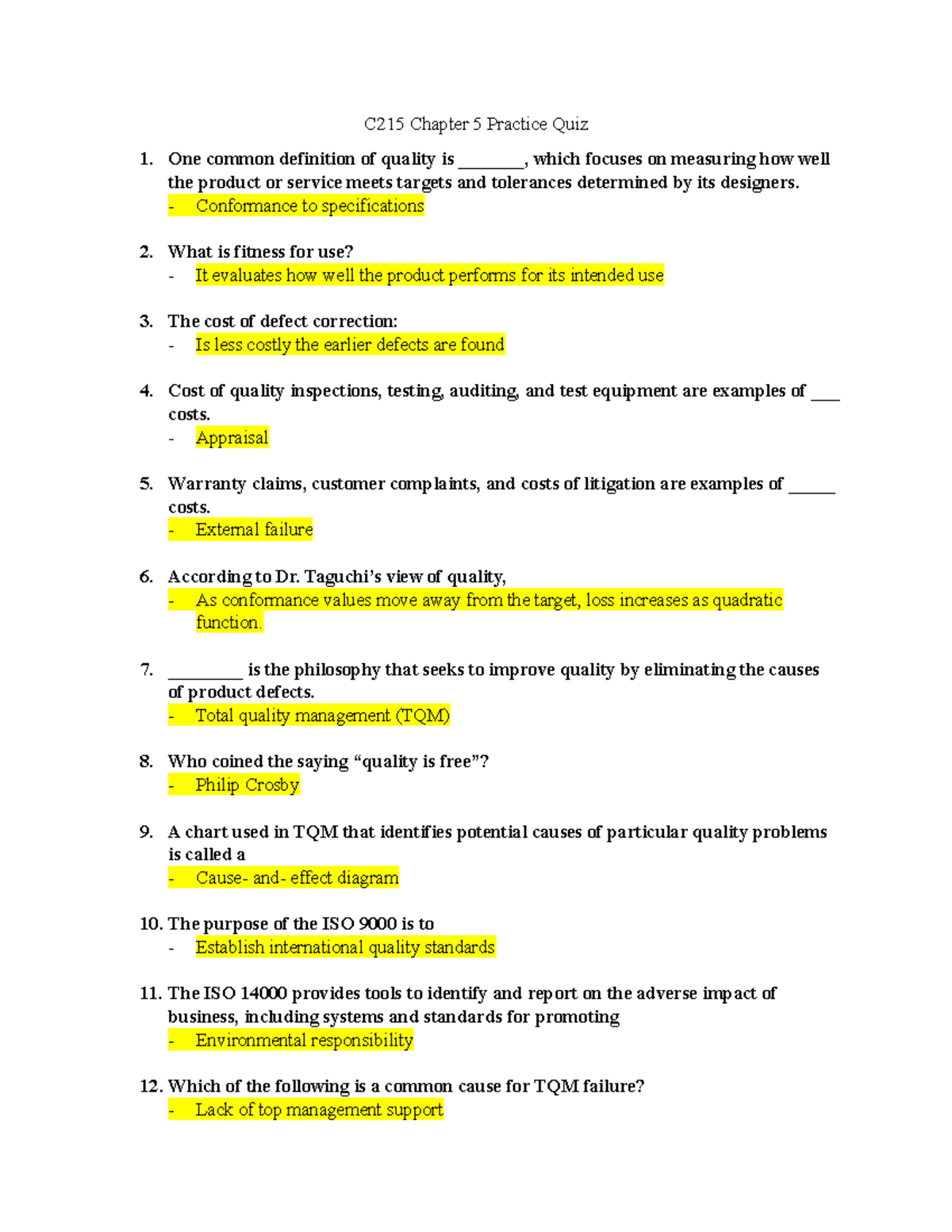 C215 Chapter 5 Quality Management Practice Quiz - Studocu