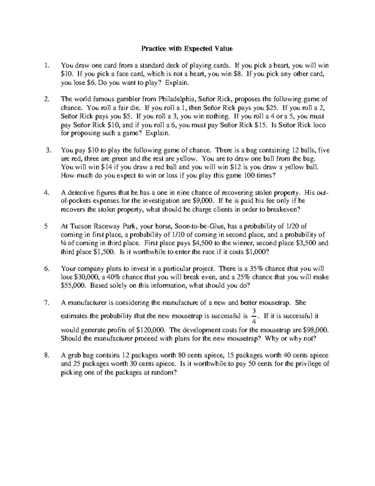 Expected Value Practice (MATH 101) with Solutions - Studocu