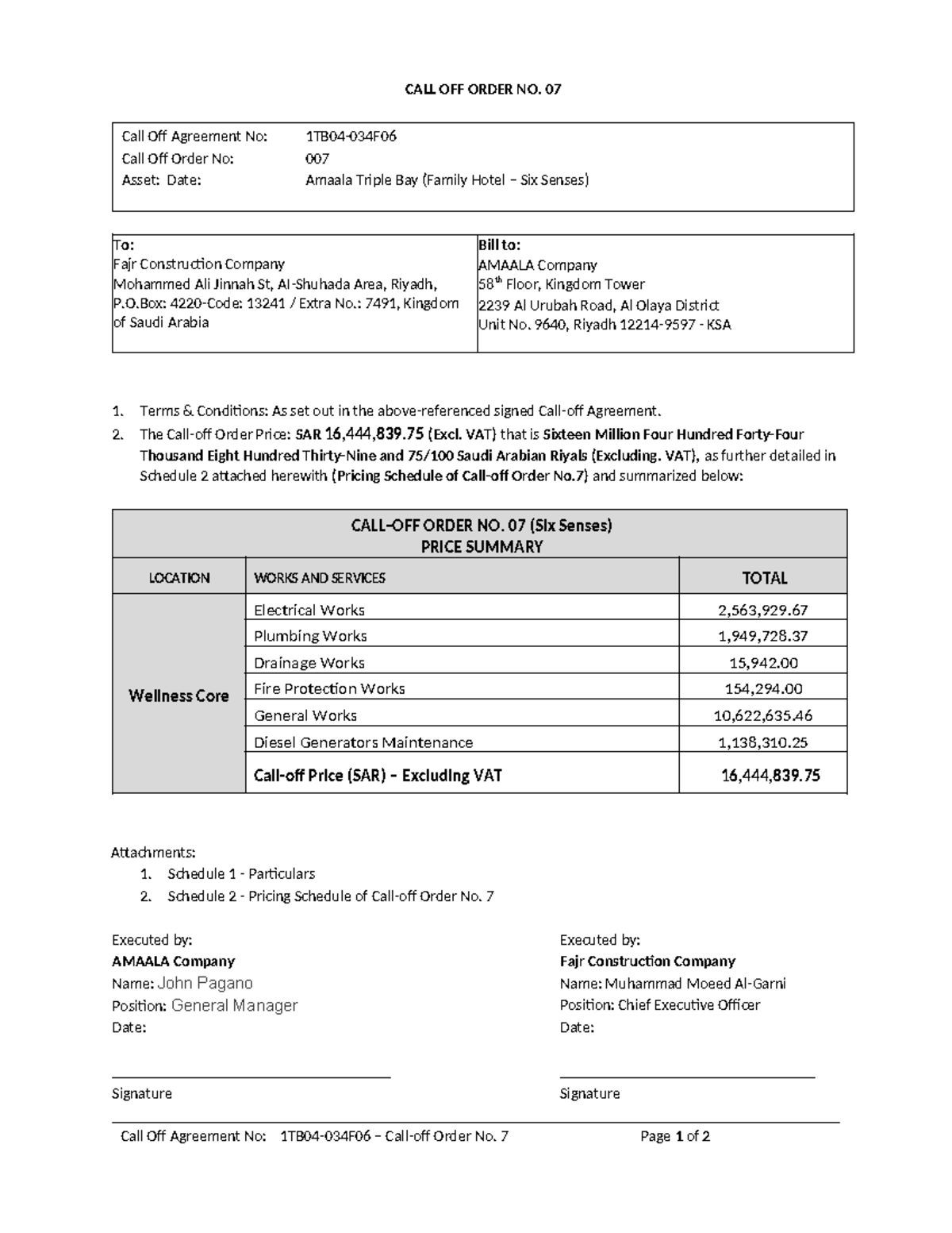 CALL OFF ORDER NO. 07: Pricing & Terms for Amaala Triple Bay Project ...