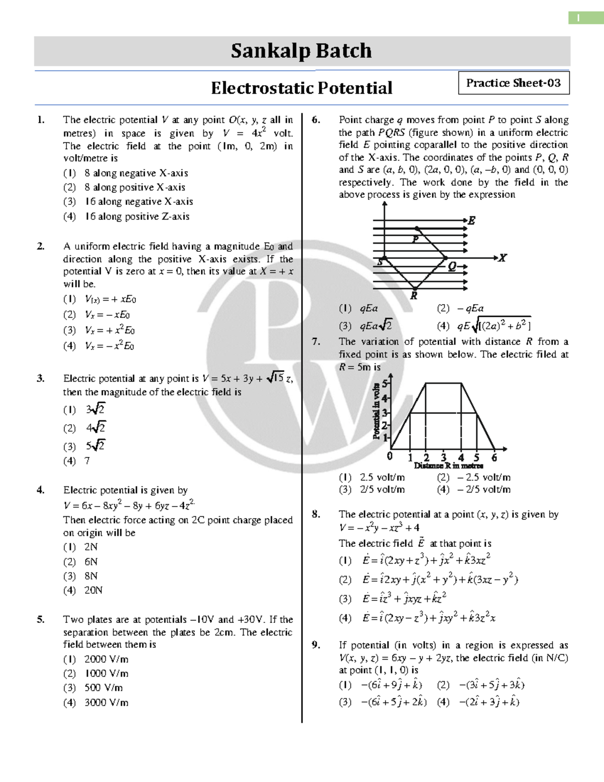 DPP 3 - Practice Material on Electrostatic Potential and Fields - Studocu