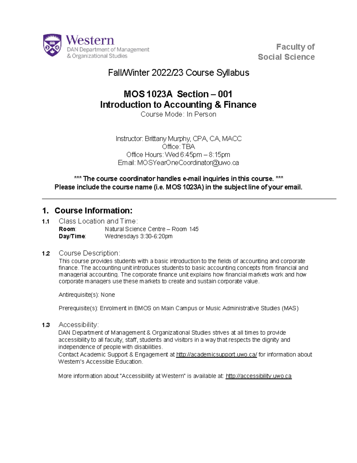 MOS 1023A Syllabus: Introduction to Accounting & Finance Overview - Studocu