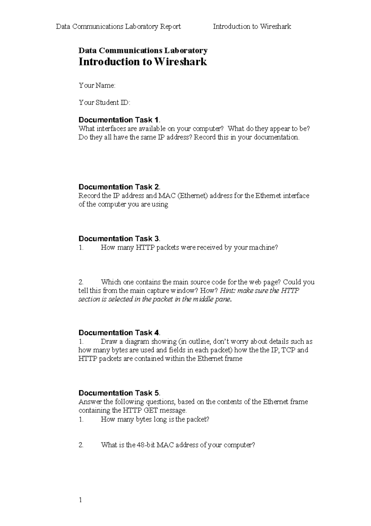 Practical - Intoduction to Wireshark - Documentation Template - Data ...