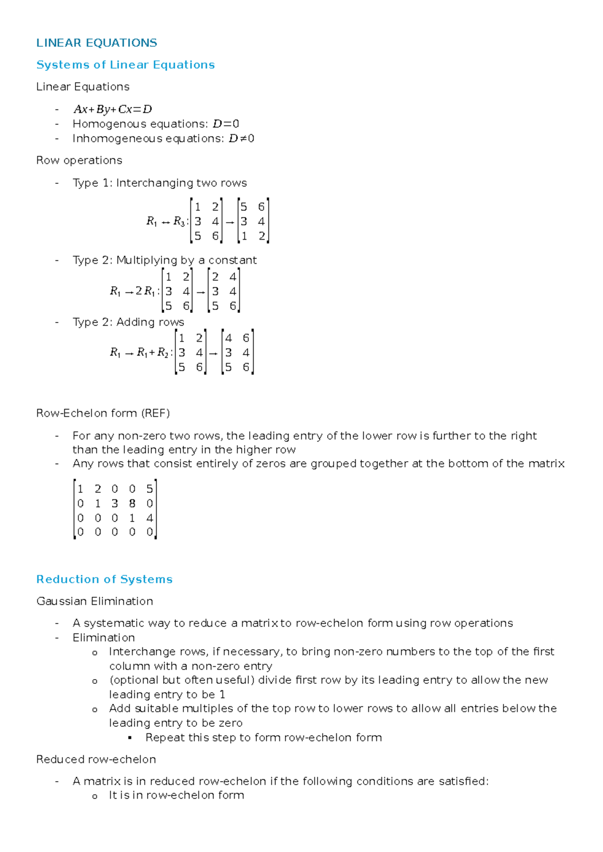 Linear Algebra Notes: Key Concepts and Techniques in LA 101 - Studocu