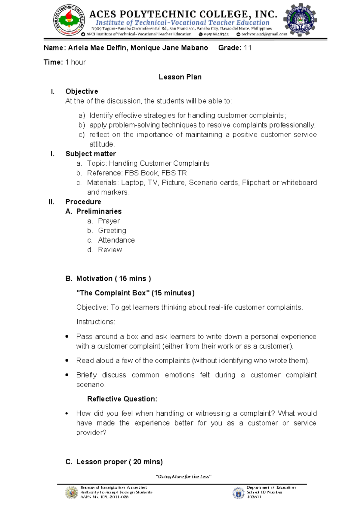Handling Customer Complaints: Lesson Plan for Grade 11 (New) - Studocu
