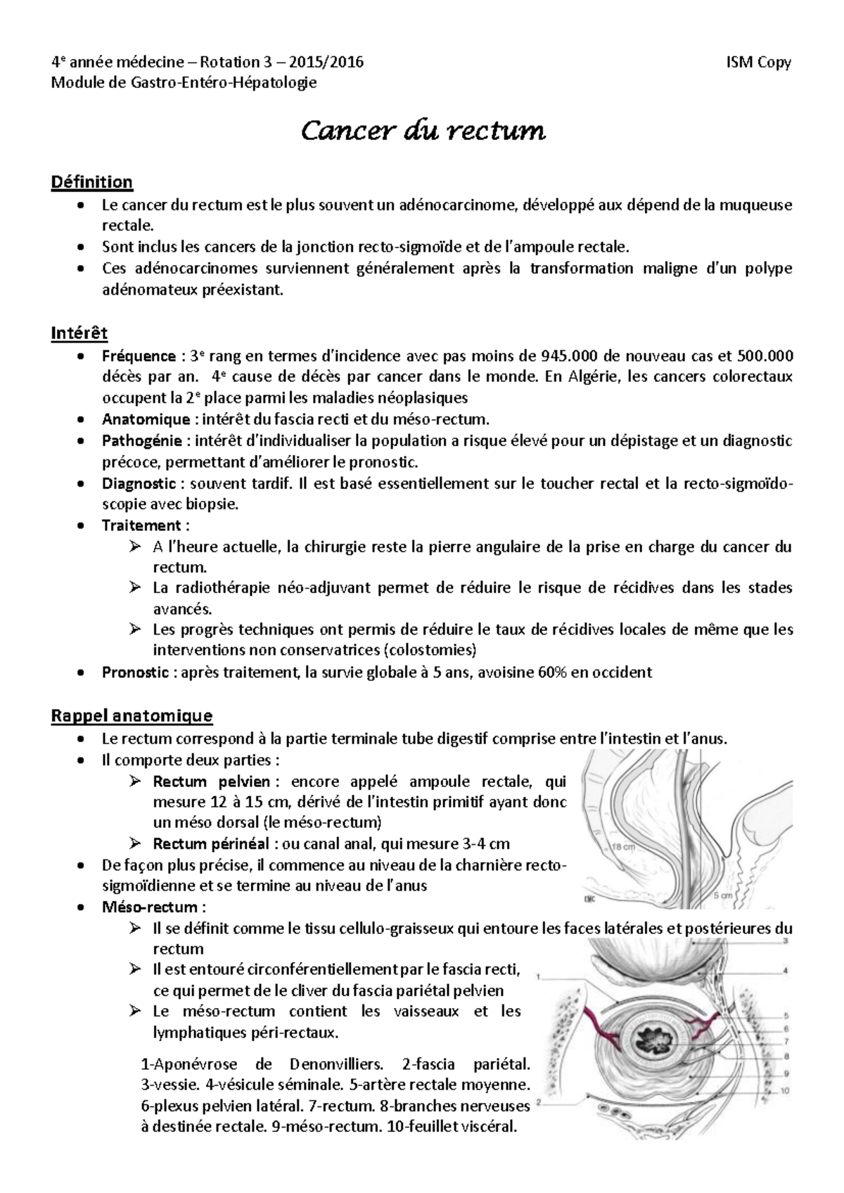 Gastro 05 - Note sur le cancer du rectum en Médecine 4e année - Studocu