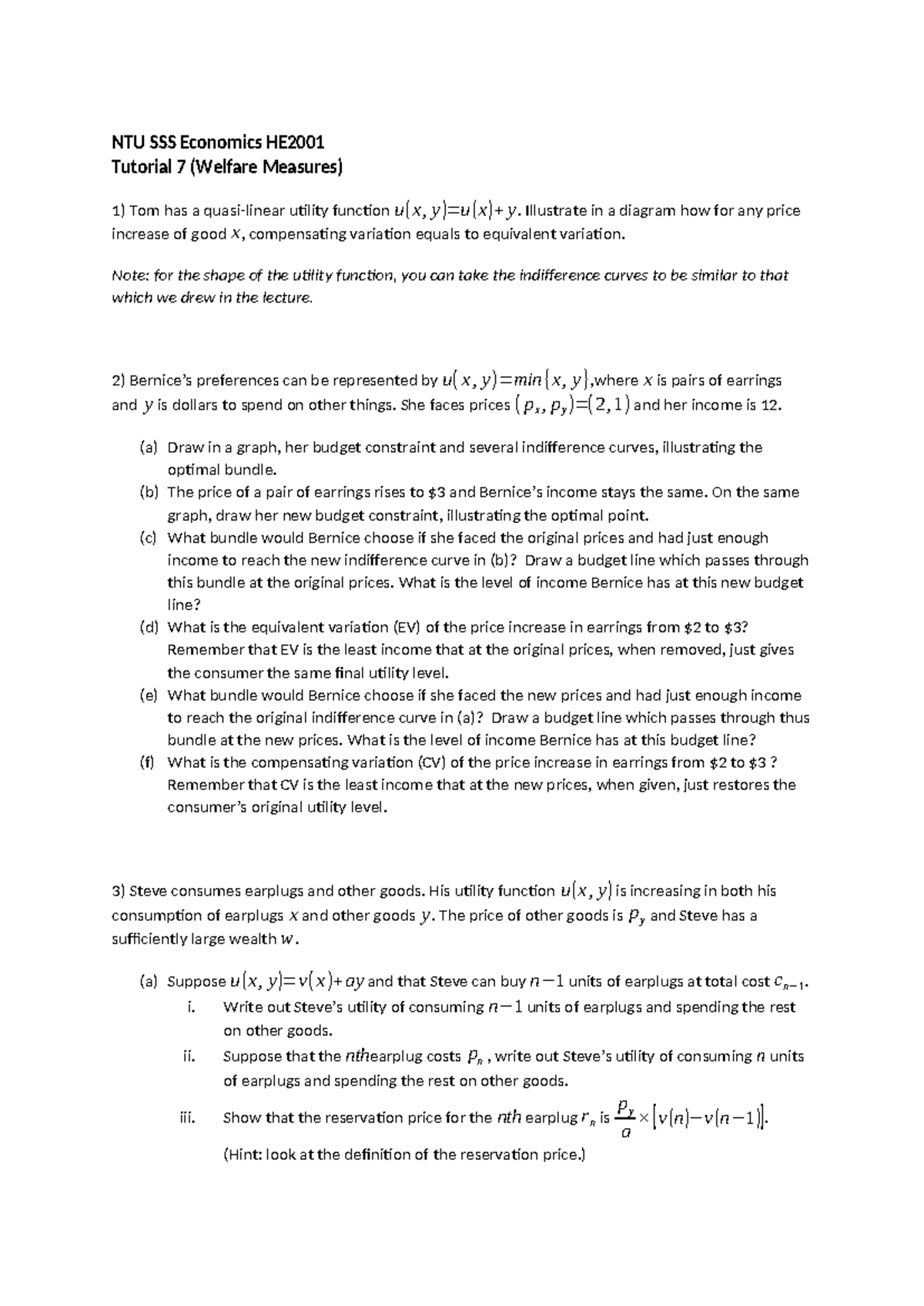 2023 Tutorial 7 - NTU SSS Economics HE Tutorial 7 (Welfare Measures) 1 ...