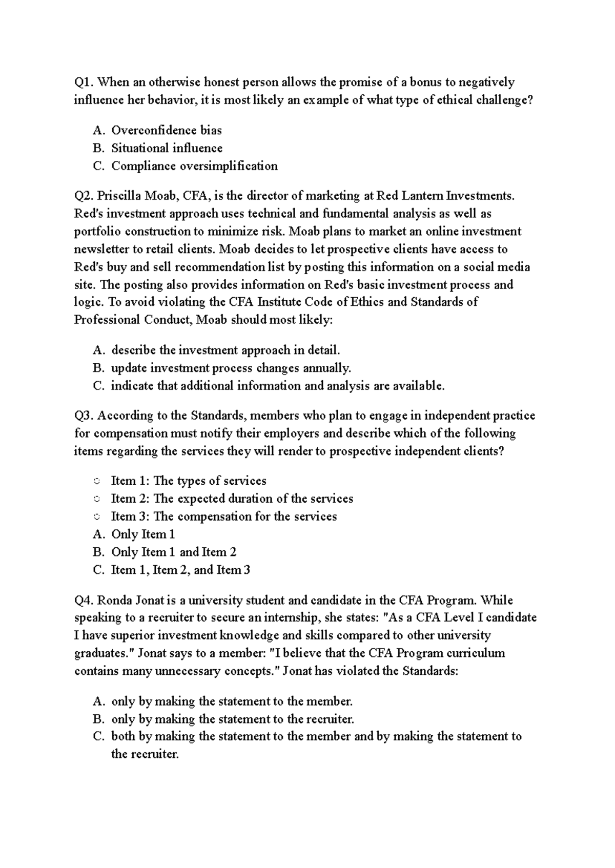 CFA Mock Exam 6: Ethical Standards and Professional Conduct - Studocu