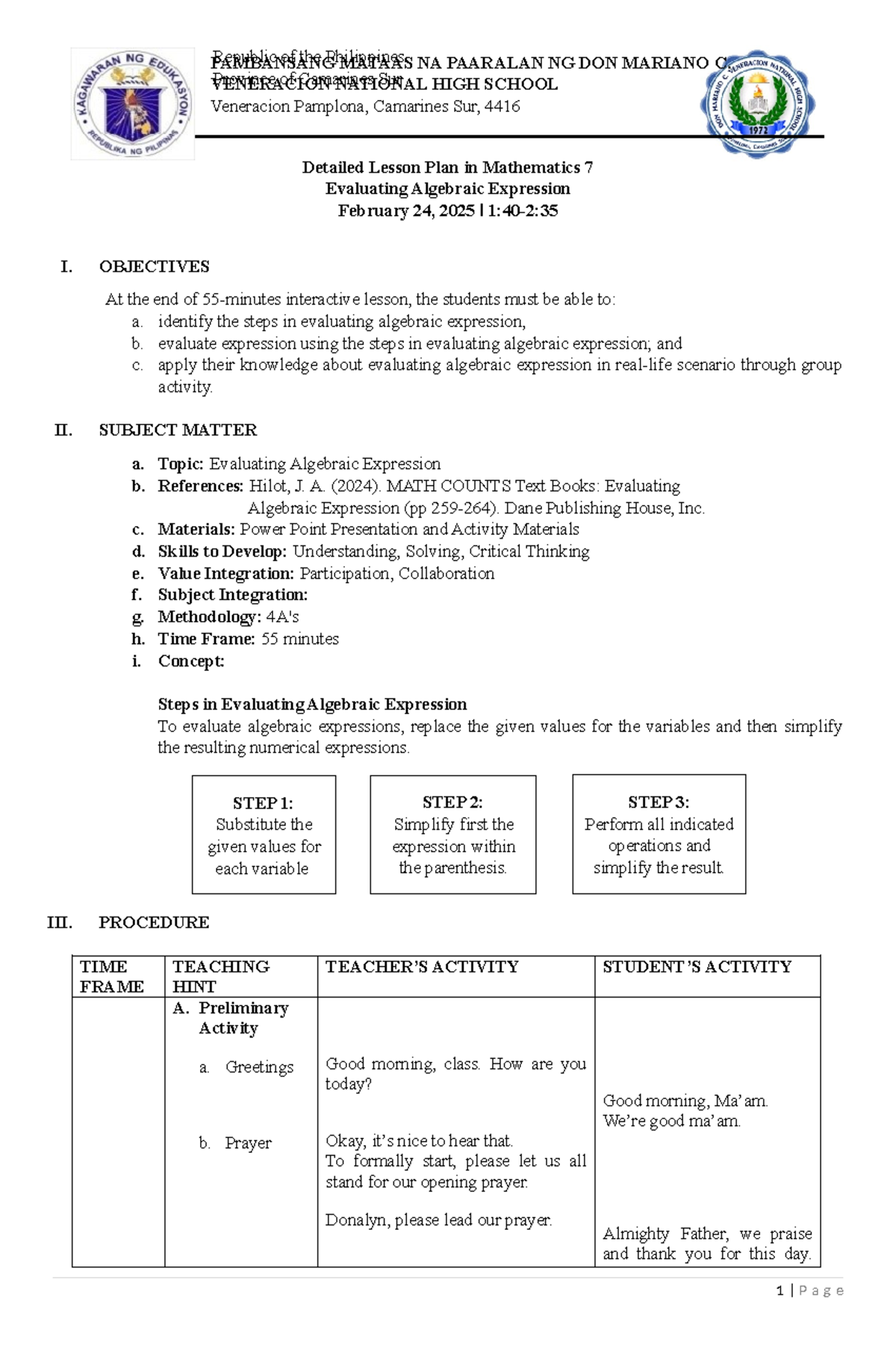 Detailed Lesson Plan in Math 7: Evaluating Algebraic Expressions (Pre ...