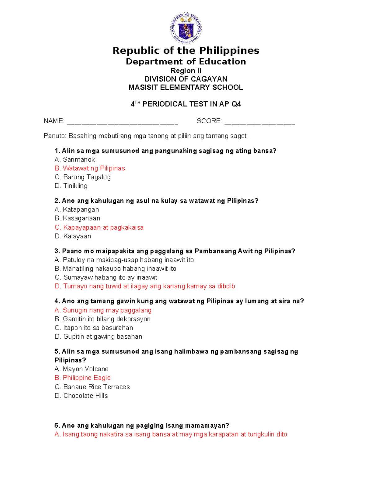 Grade 4 - 4th Periodical Test in AP Q4: Sagot at Tanong - Studocu
