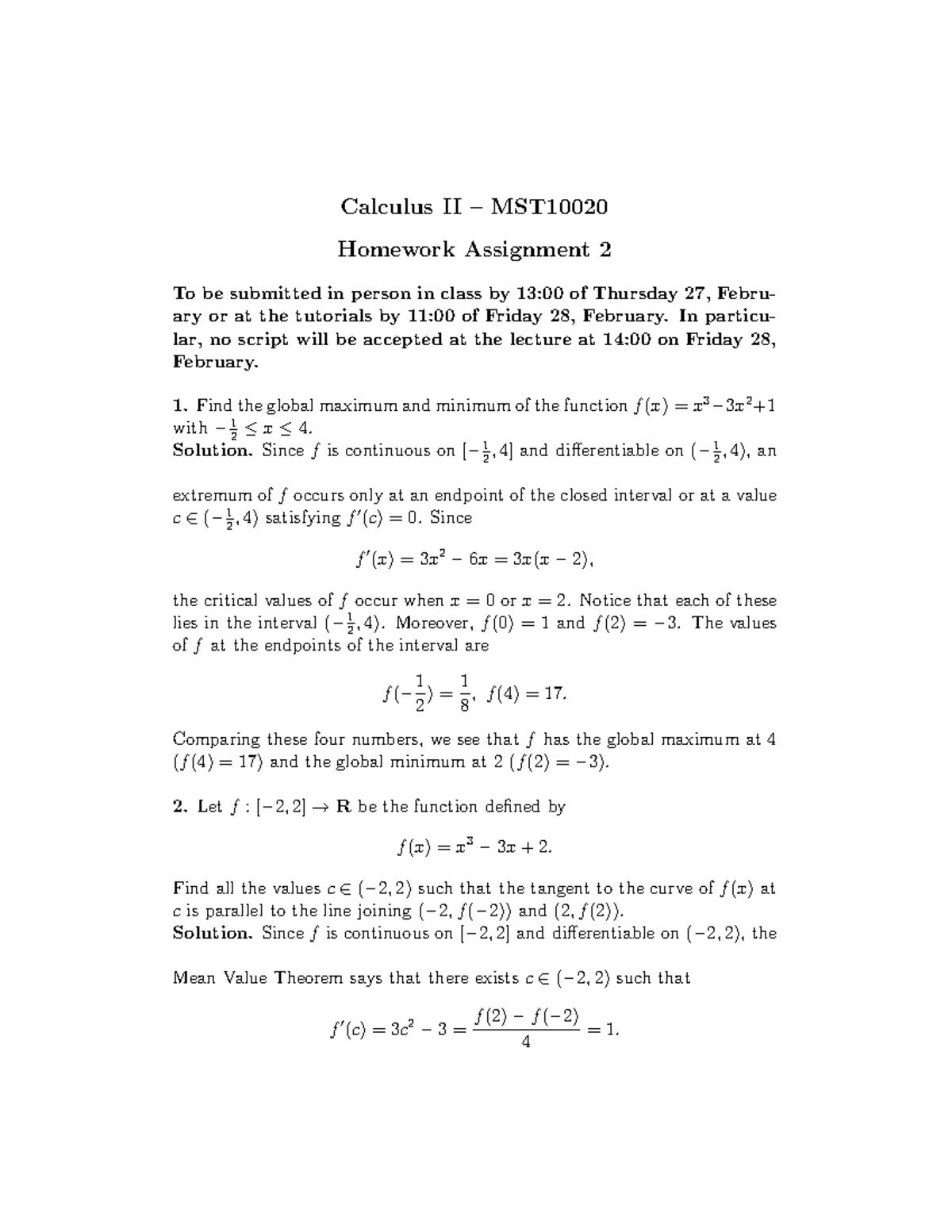 Calculus II MST10020 Homework Assignment 2 Solutions and Guidelines ...