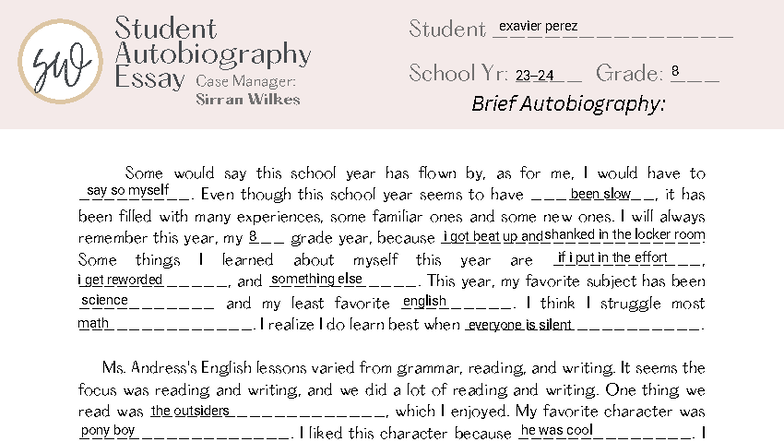 Jr. High Student Autobiography Essay - Exavier Perez - Studocu