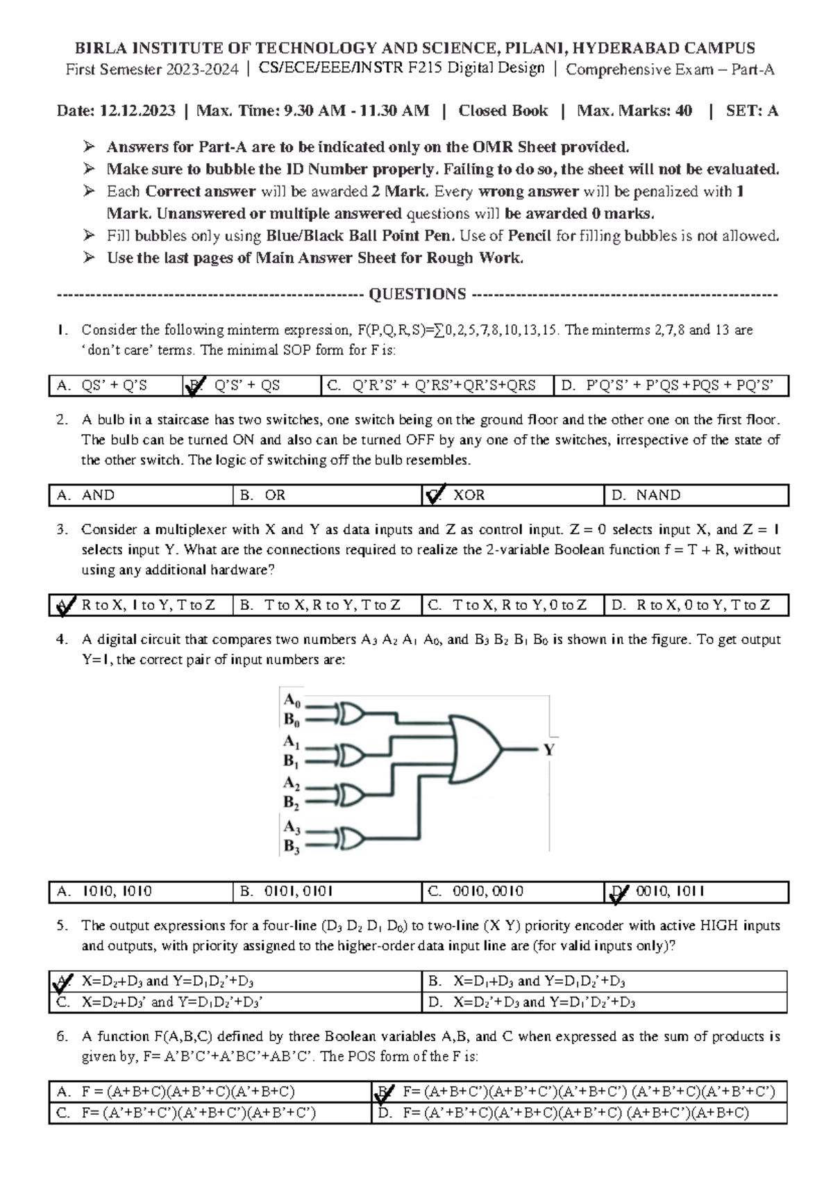 CS/ECE/EEE/INSTR F215 Digital Design - Compre Exam Part A 2023 - Studocu