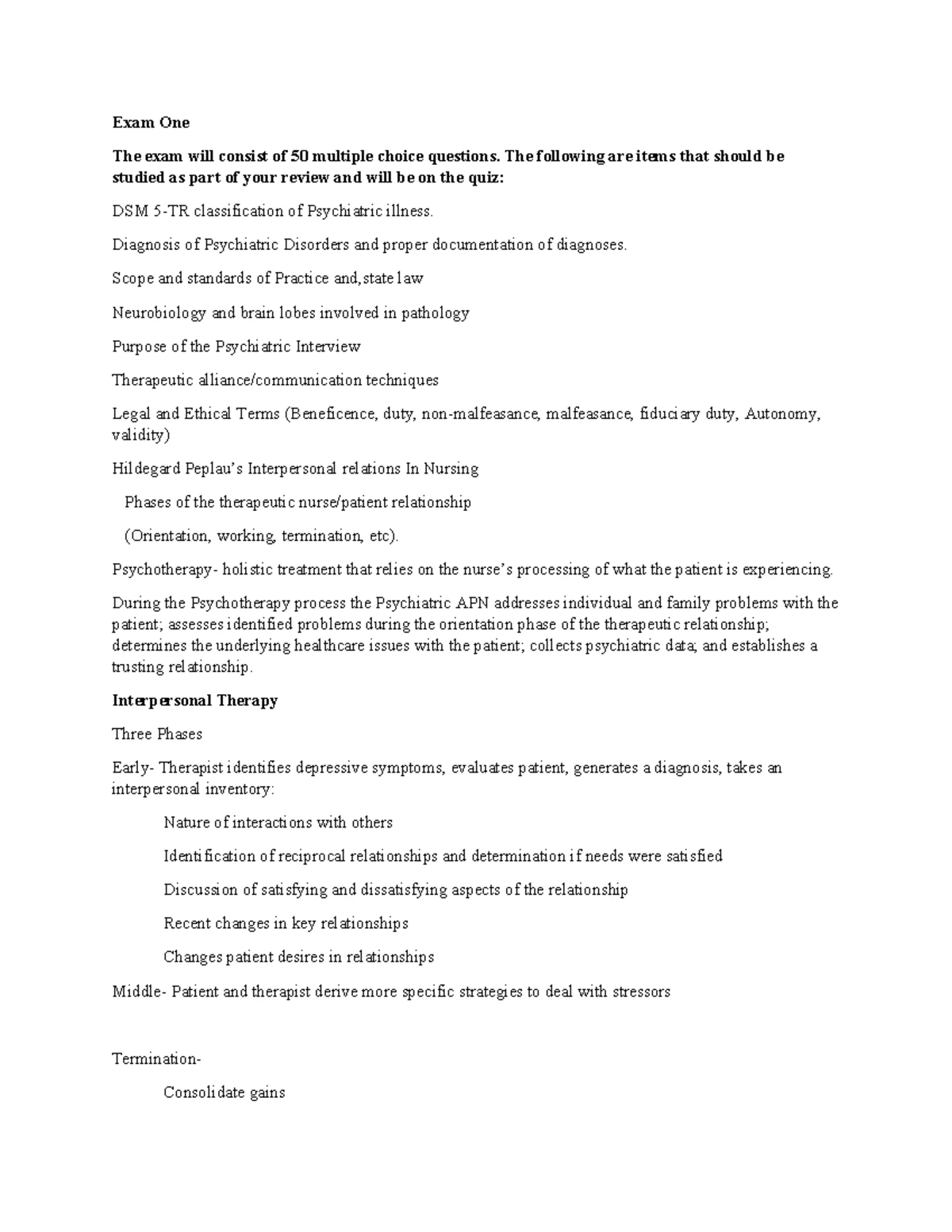 Exam One Review N526: Key Topics in Psychiatric Disorders - Studocu