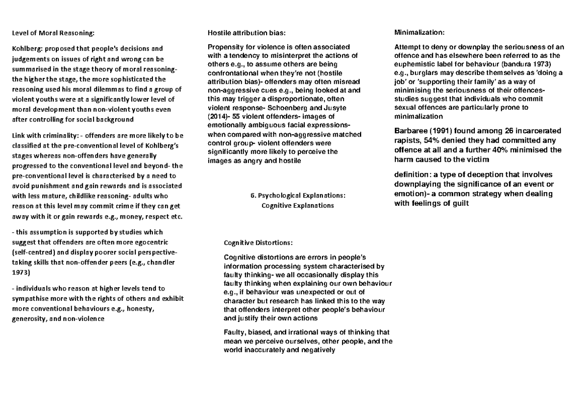 Cognitive Notes on Moral Reasoning and Hostile Attribution Bias - Studocu