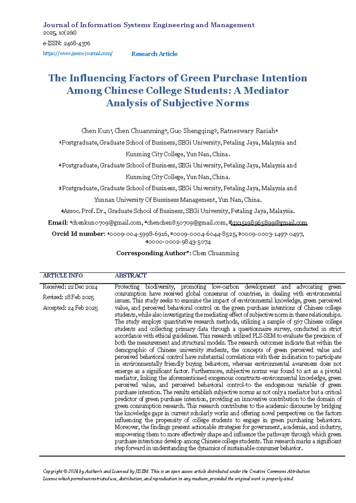 Influencing Factors of Green Purchase Intention Among Chinese College ...