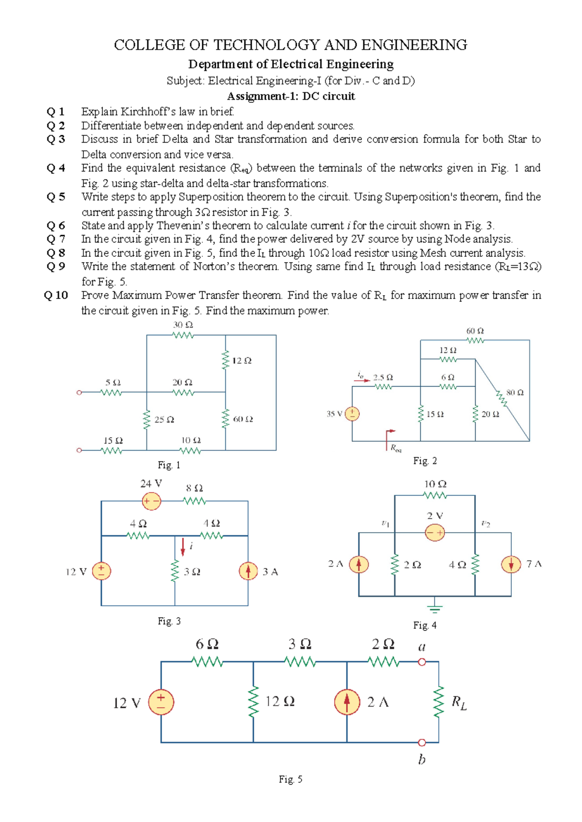 EE-I Assignment 1 - DC Circuit Analysis & Concepts in ME - Studocu