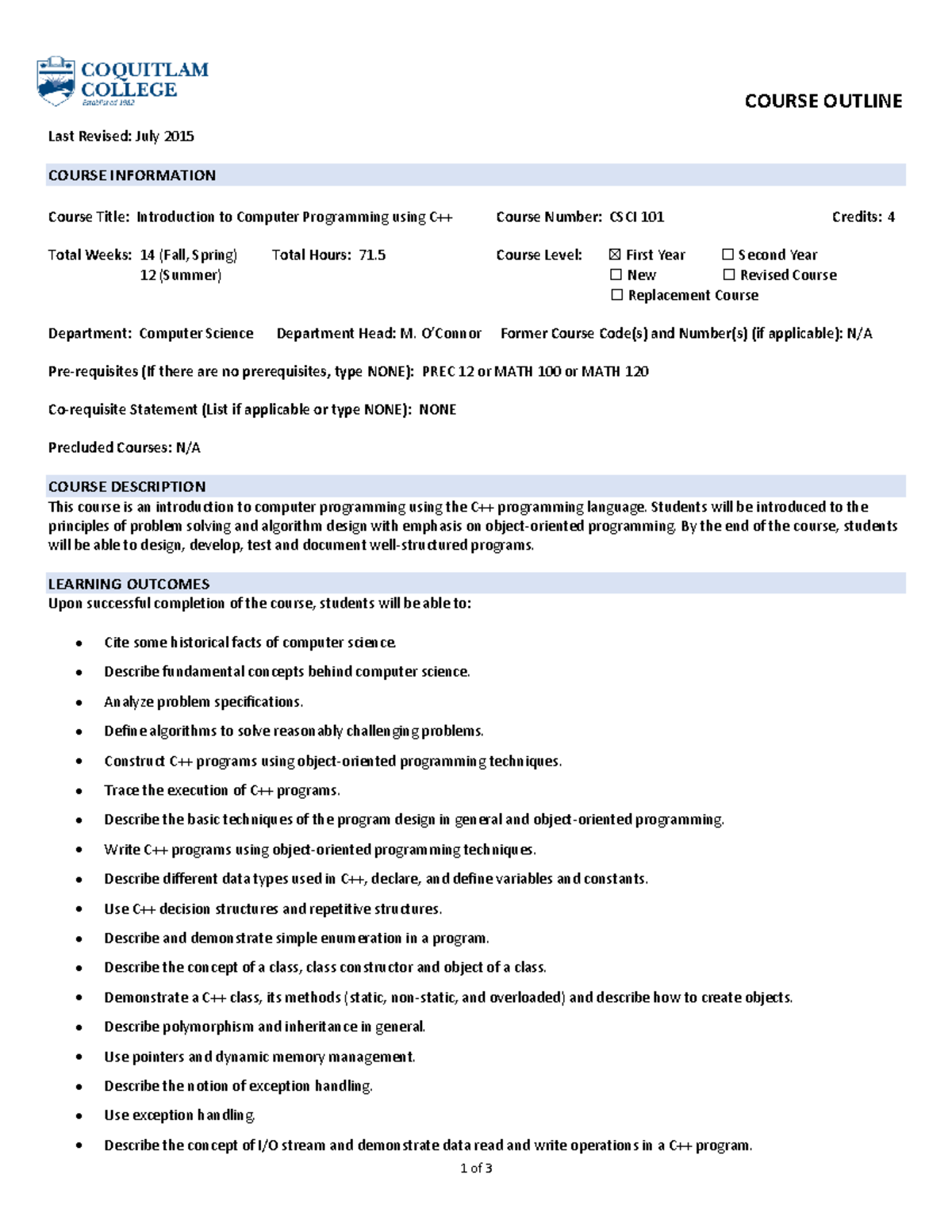CSCI-101 - Course Outline for Introduction to Computer Programming ...