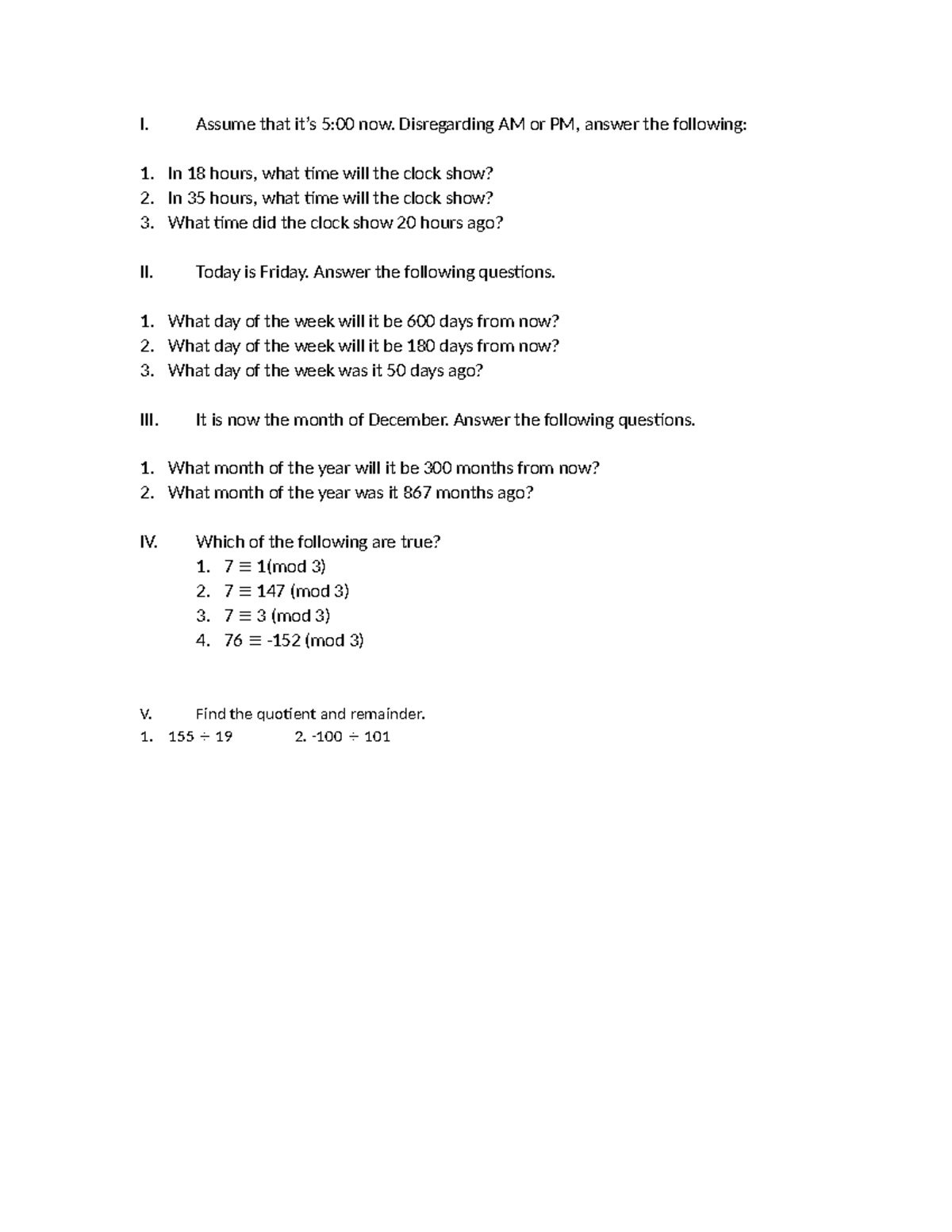 Reviewer for Congruence: Time and Day Calculations & Modulo Problems ...
