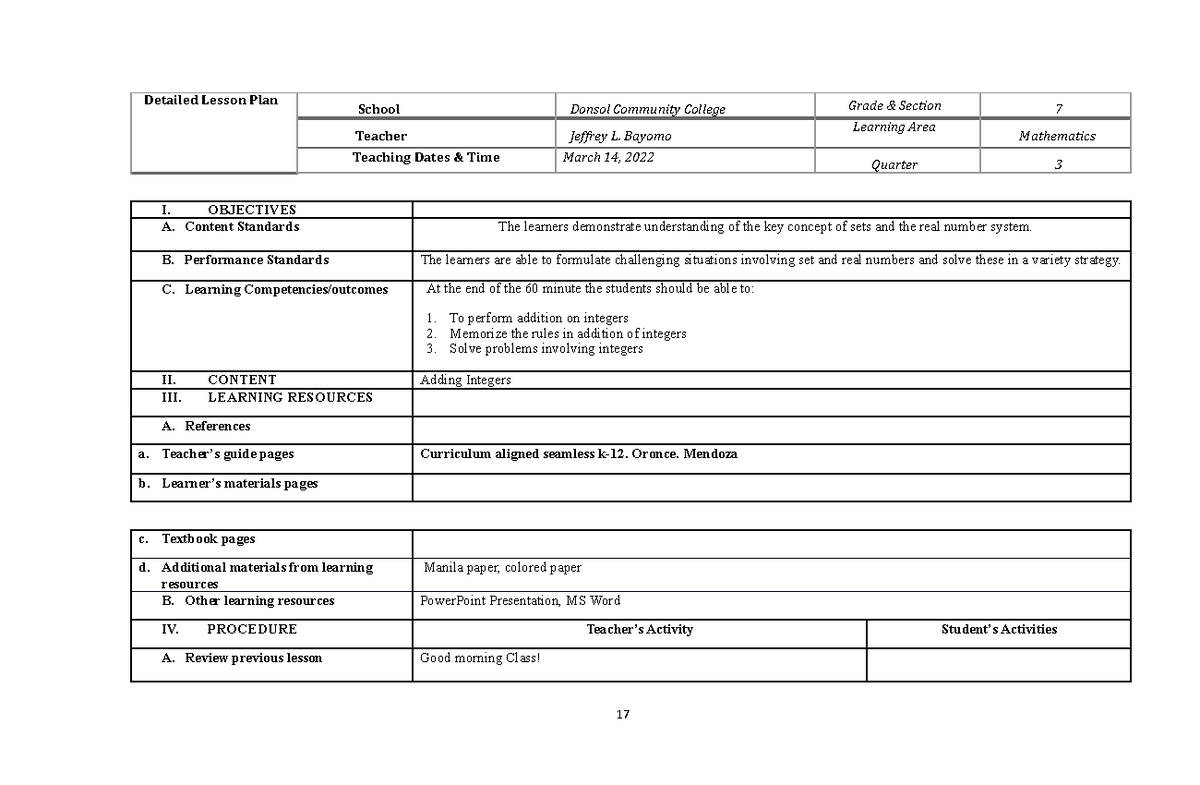 Detailed Lesson Plan (DLP No. 3) for MATH: Adding Integers - Studocu