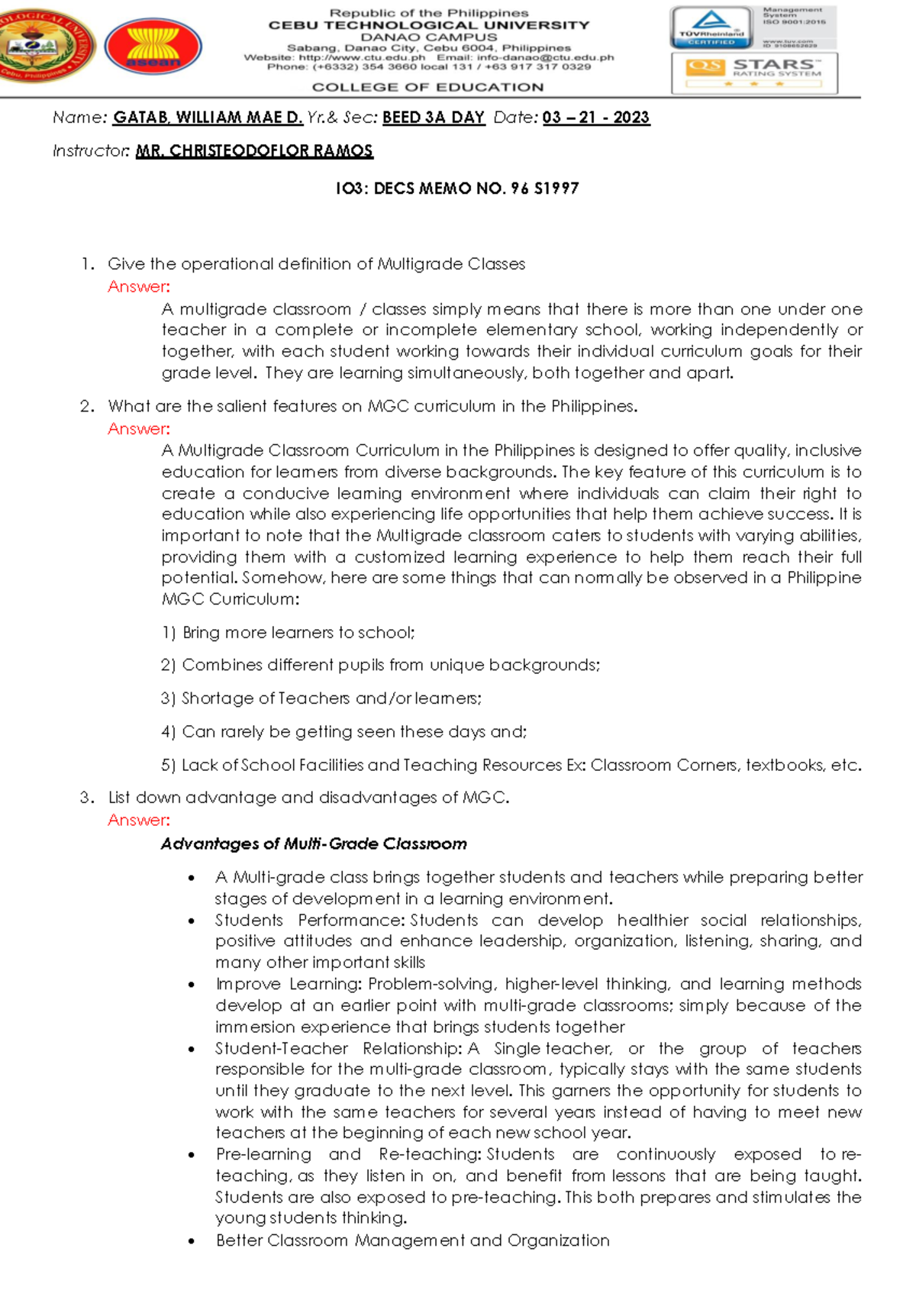 IO3: Insights on Multigrade Classes - BEED 3A DAY by William Gatab ...