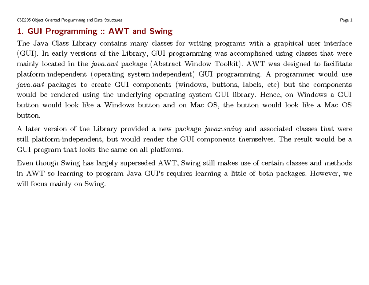 CSE205 Final Exam Notes: GUI Programming with AWT and Swing - Studocu