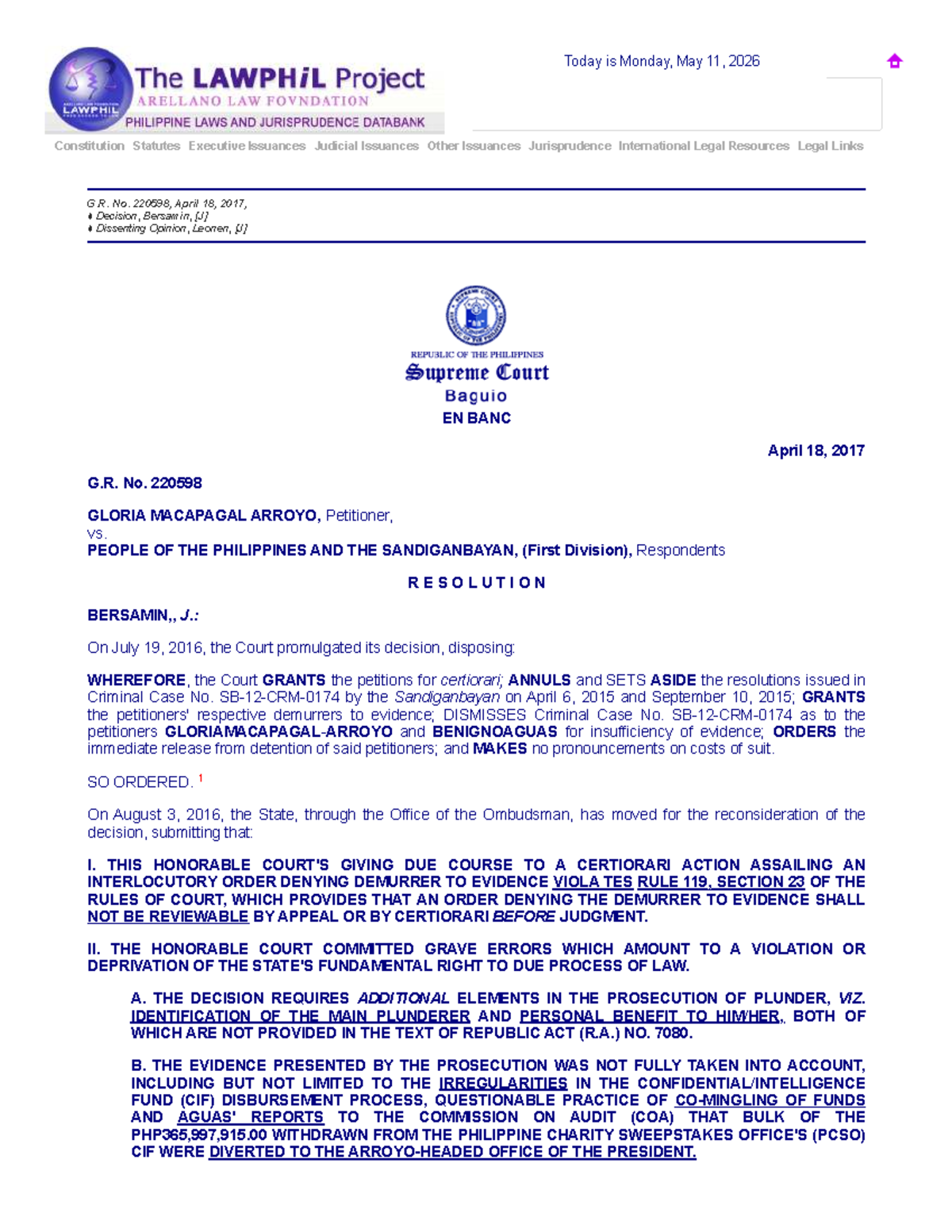 G.R. No. 220598: Arroyo vs. People - Judicial Decision Analysis - Studocu